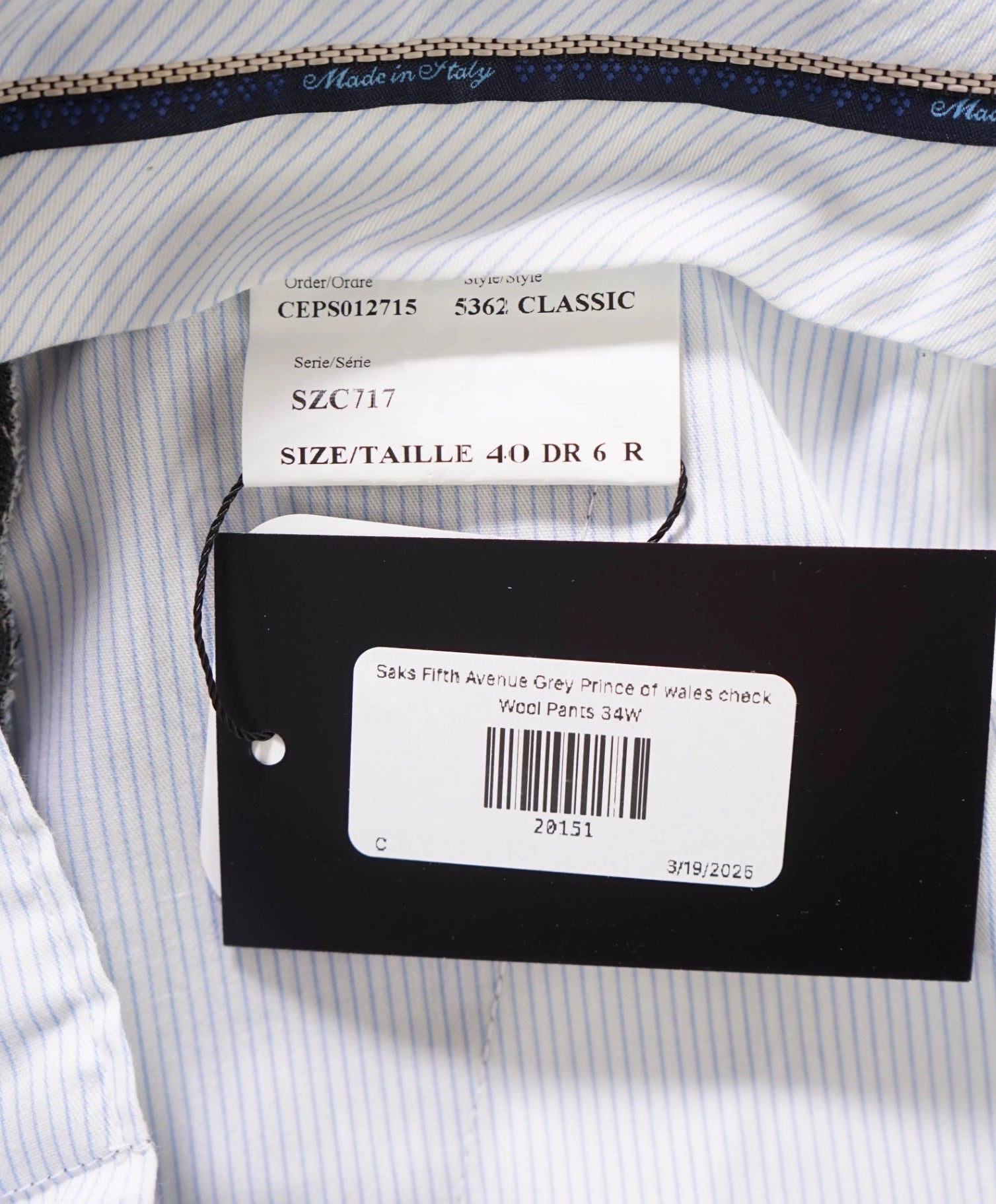 $395 Saks Fifth Avenue Grey Prince of Wales Check Wool Pants 34W