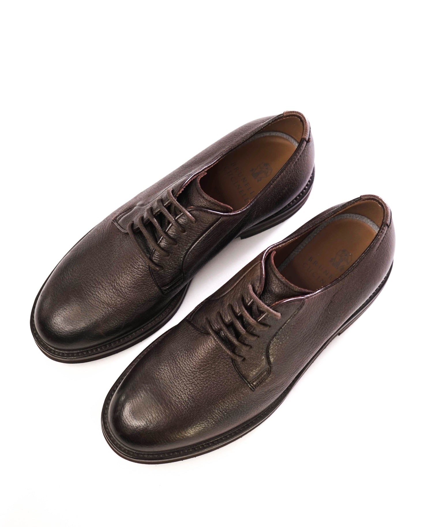 $1,295 Brunello Cucinelli Brown Grained Leather Derby Oxfords 10 (43EU)