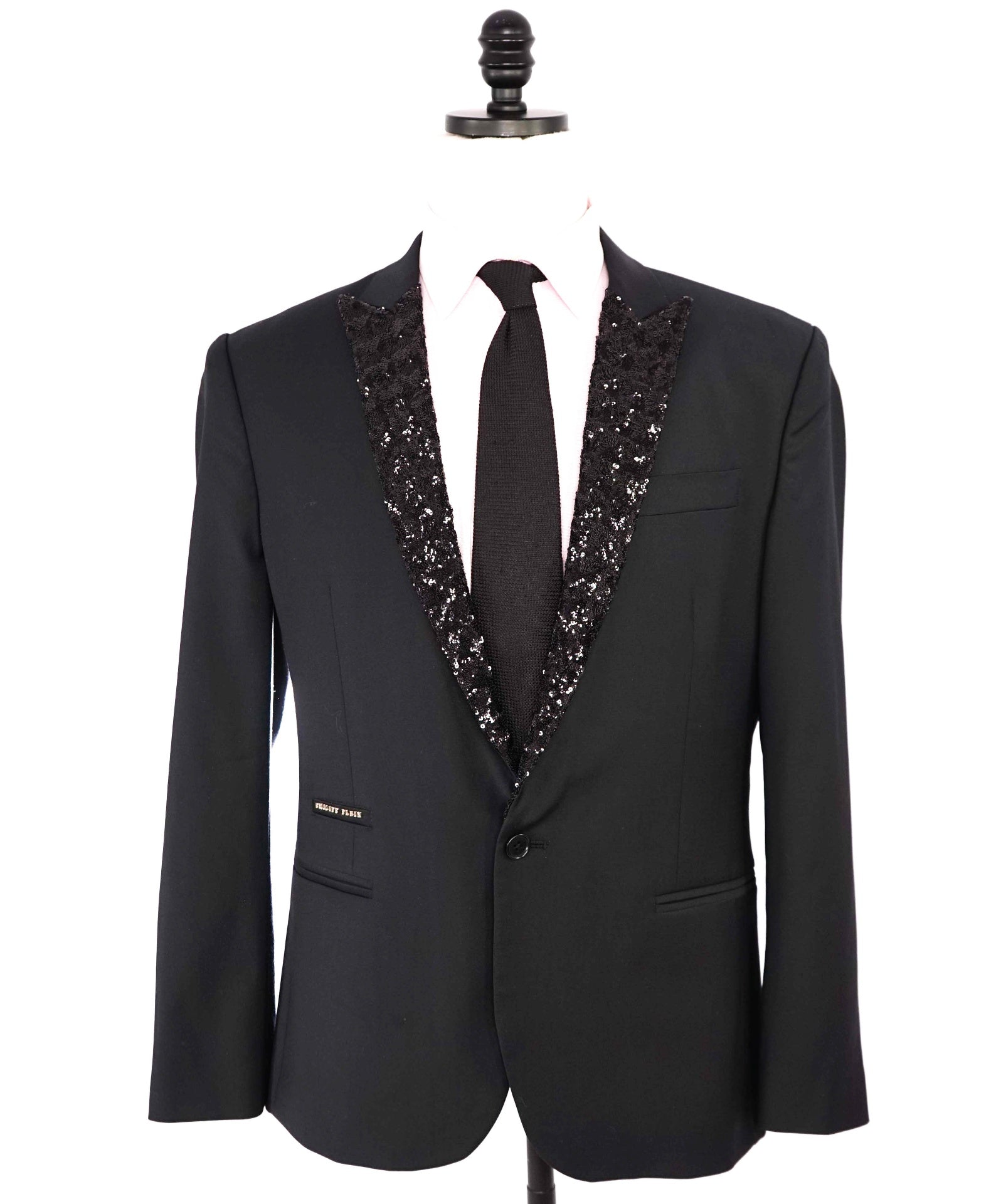 $3,080 Philip Plein Black 1-Btn SEQUIN Peak Lapel Blazer Dinner Jacket 44