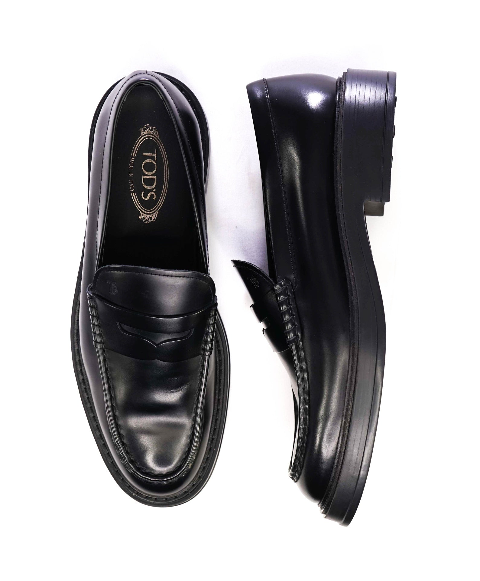 $750 Tod's Solid Black Lug Sole Penny Loafers Leather 12.5 US (11.5IT)