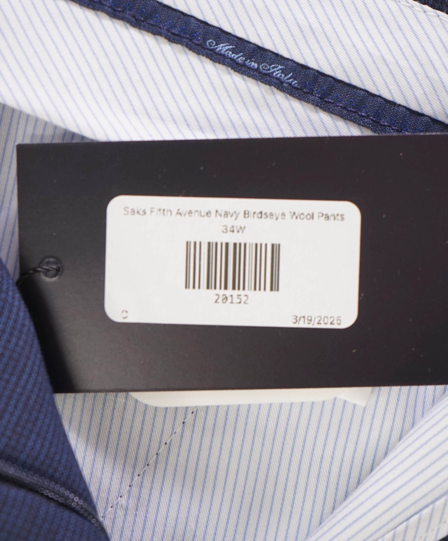 Saks Fifth Avenue Navy "Tailored Fit" Birdseye Wool Made In Italy Pants 34W