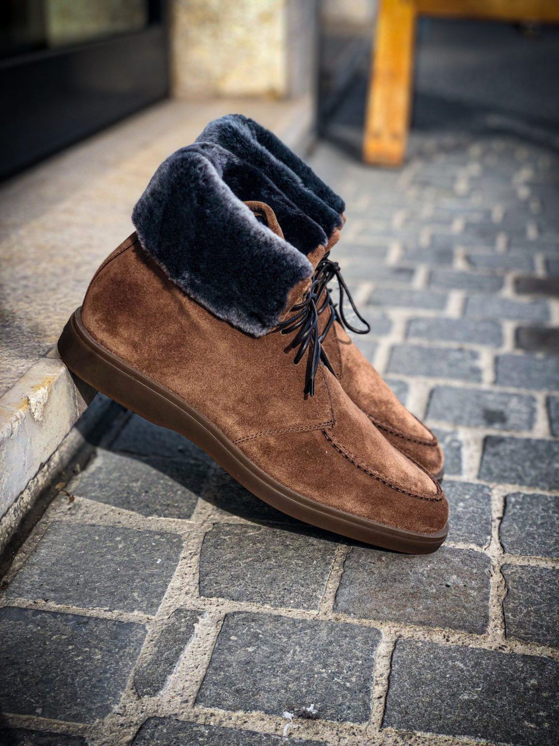 $900 Santoni "Dethrone" Brown Boot Suede/SHEARLING Fur U.S. 10.5 (9.5 IT)