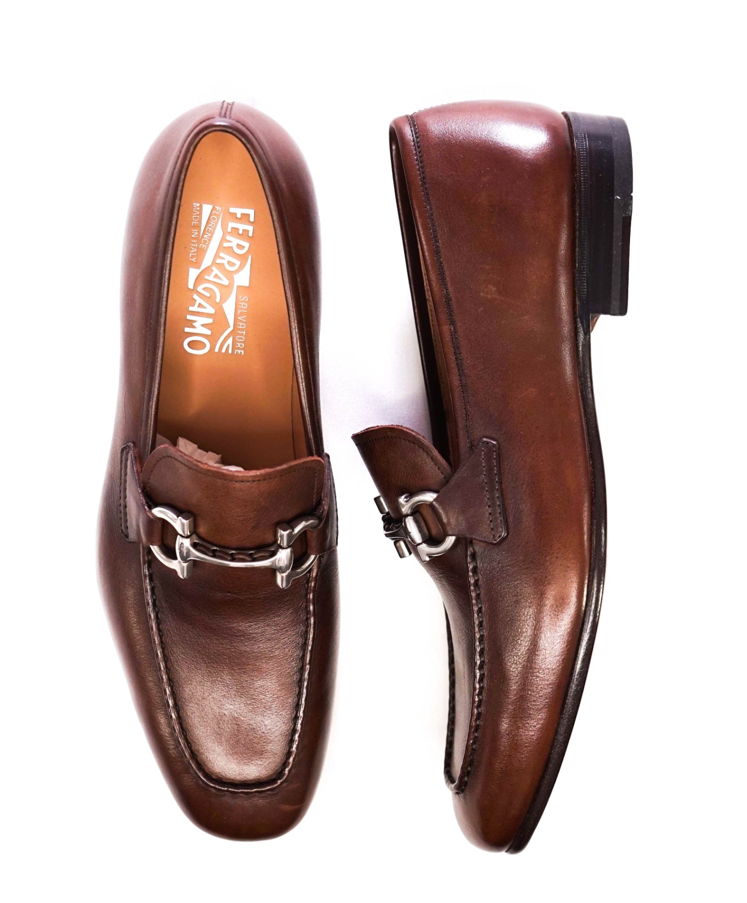 $850 Salvatore Ferragamo "STEVE" Brown/Silver Loafers Leather 9 EE