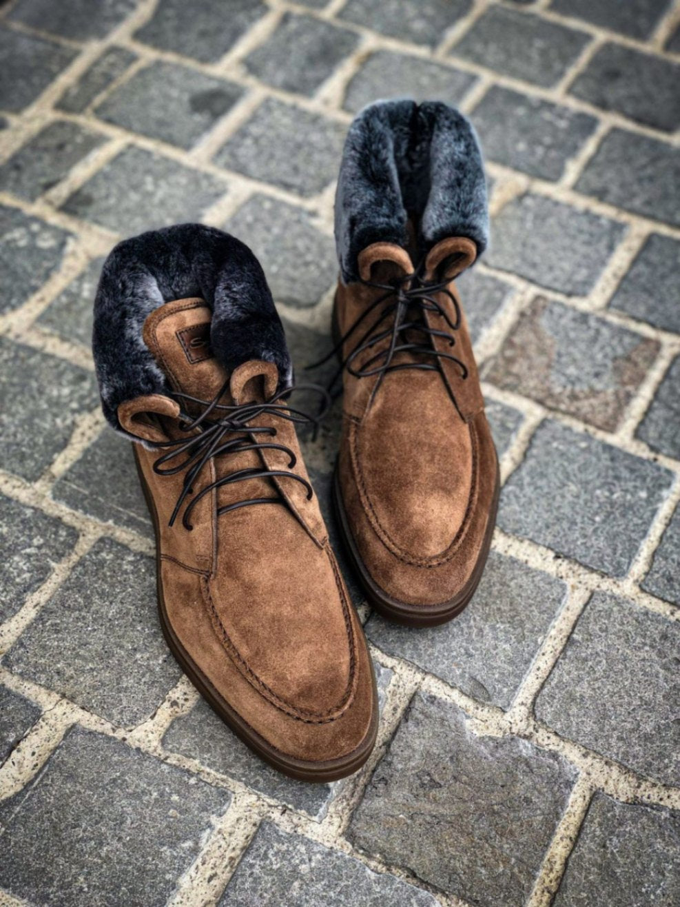 $900 Santoni "Dethrone" Brown Boot Suede/SHEARLING Fur U.S. 10.5 (9.5 IT)