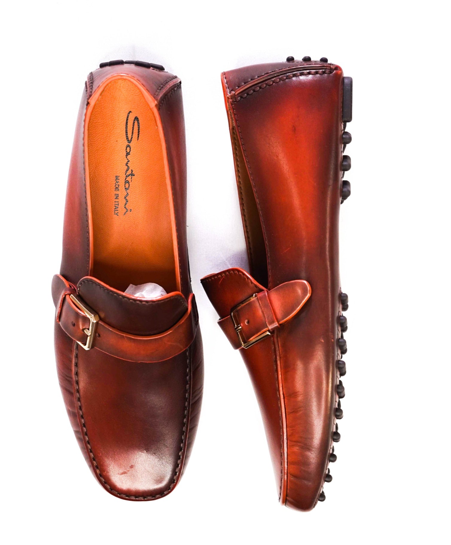 $750 Santoni BROWN / RED Patina Buckle Loafers Footwear U.S. 9 (8IT)