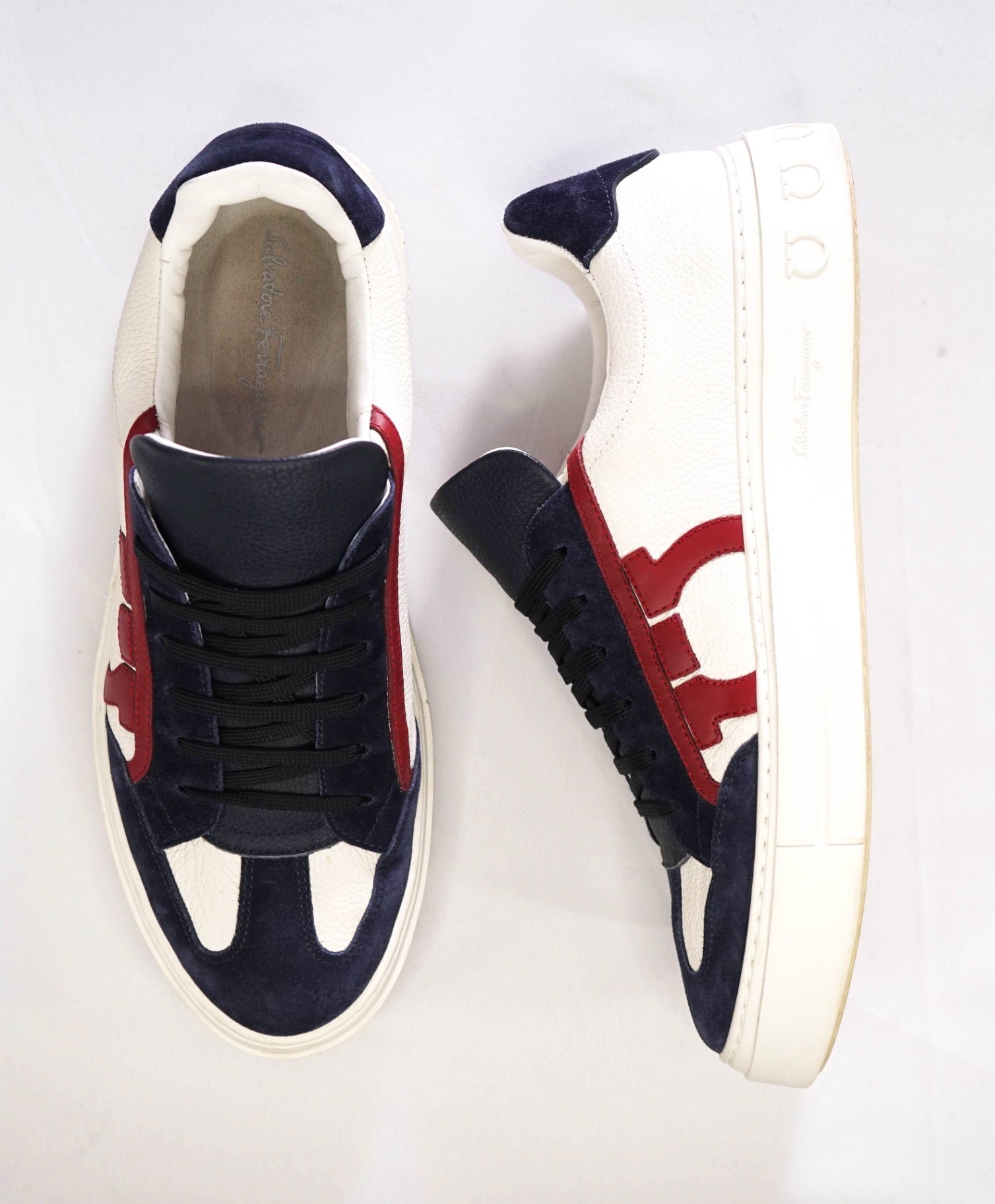 $750 Salvatore Ferragamo BORG 5 Navy/Red/White Sneaker 10 M