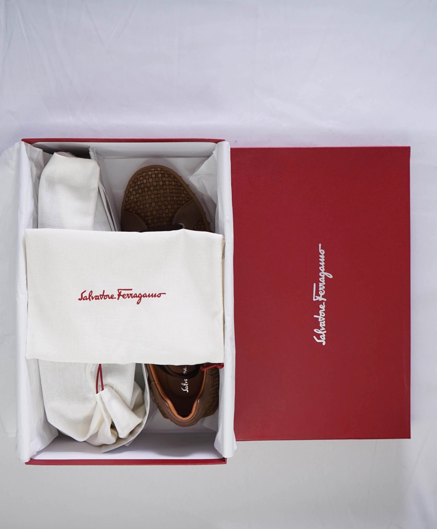 $800 Salvatore Ferragamo "CUBE 17" Brown Woven Suede Sneakers 10 M
