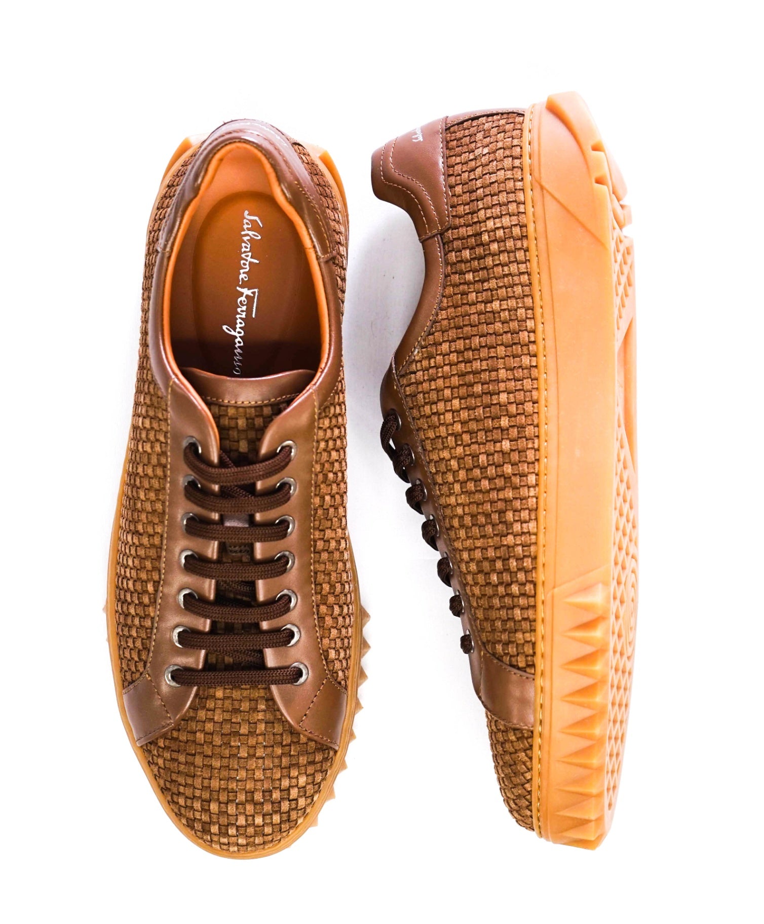$800 Salvatore Ferragamo "CUBE 17" Brown Woven Suede Sneakers 10 M