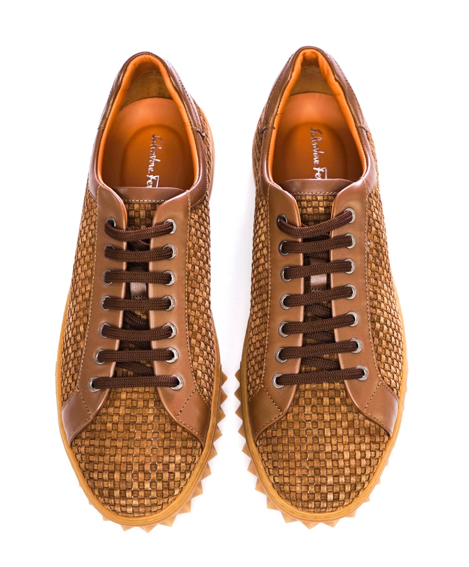 $800 Salvatore Ferragamo "CUBE 17" Brown Woven Suede Sneakers 10 M