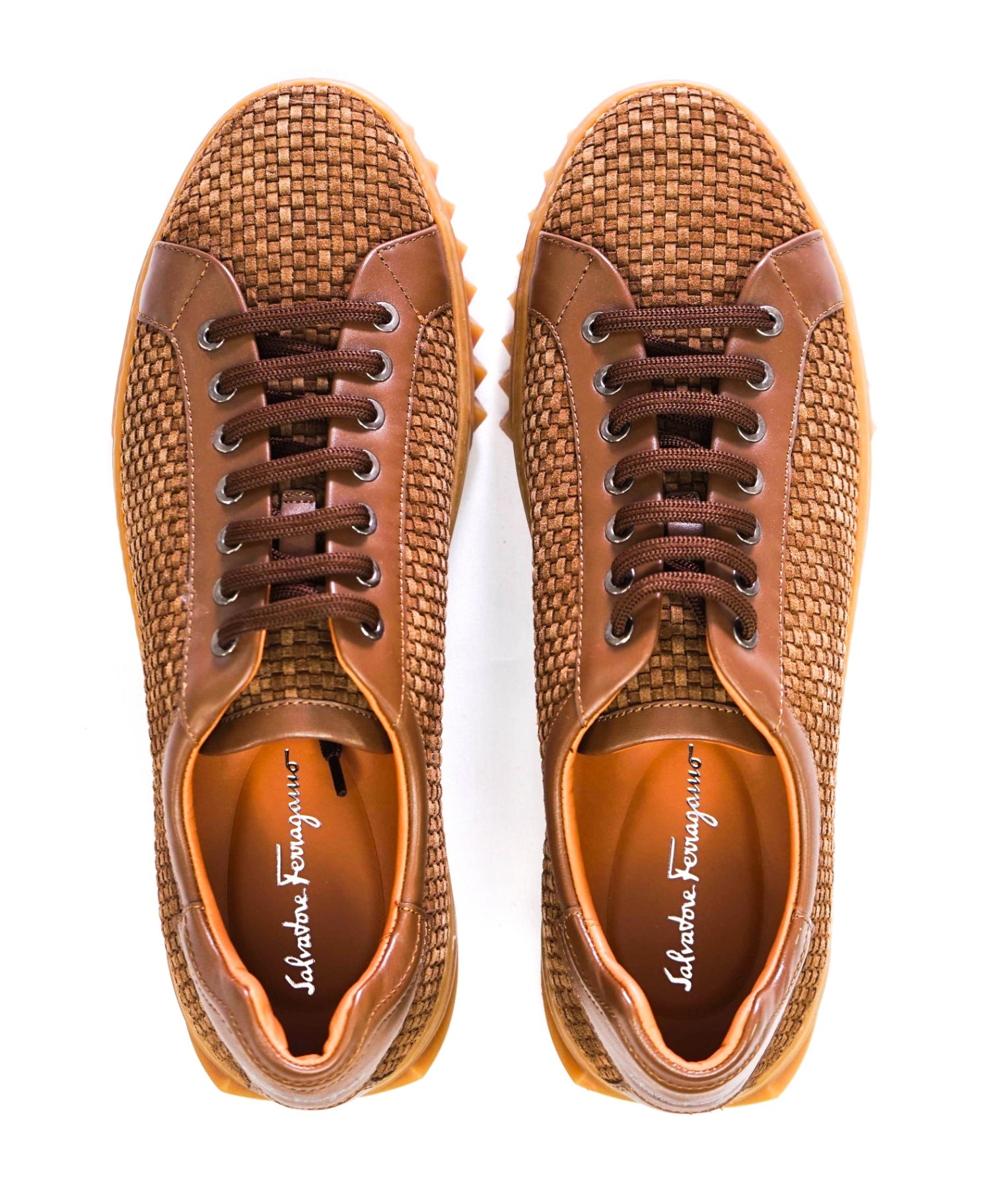 $800 Salvatore Ferragamo "CUBE 17" Brown Woven Suede Sneakers 10 M