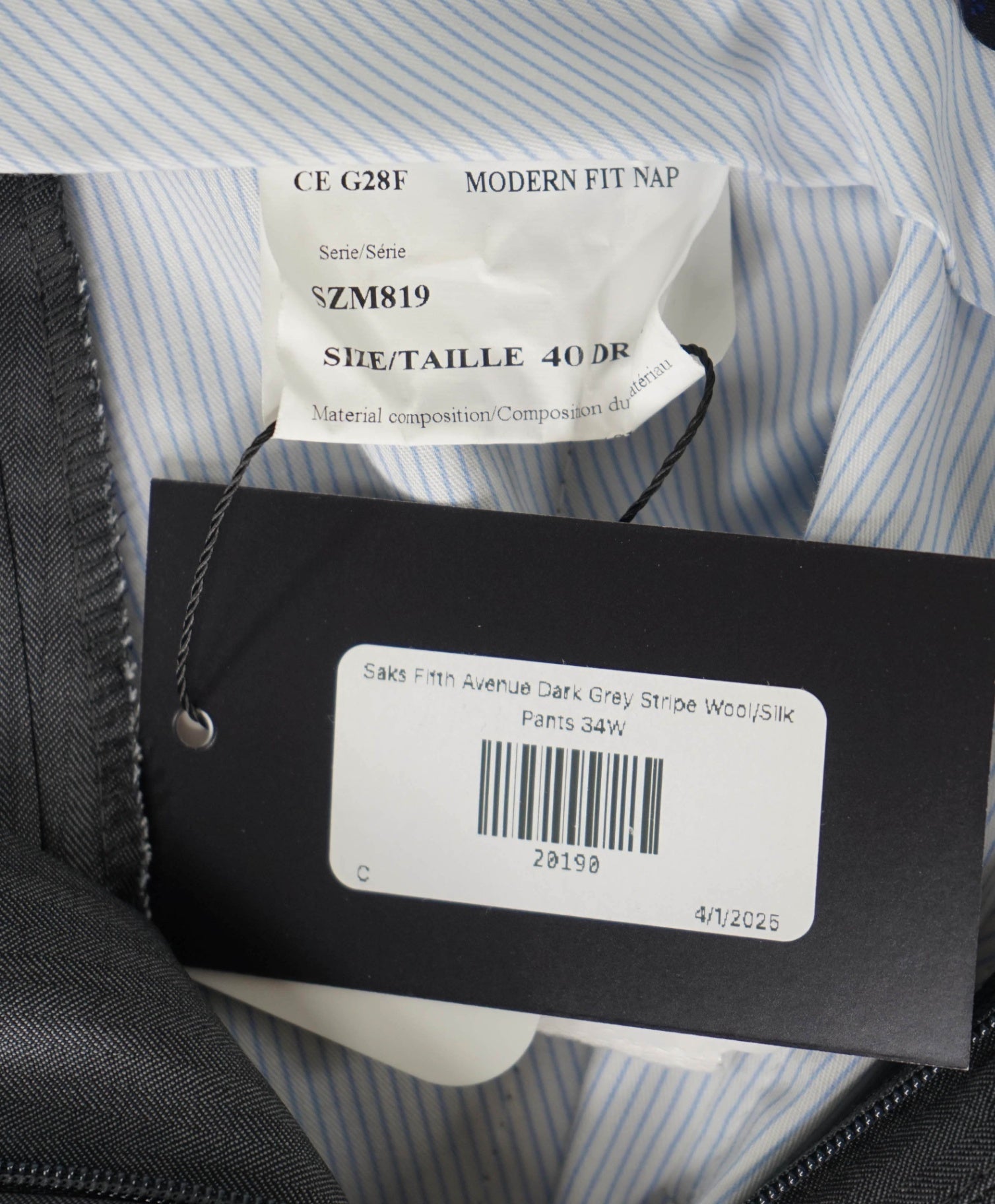 $395 Saks Fifth Avenue Tonal Grey "MODERN FIT" Herringbone Wool/Silk Pants 34W
