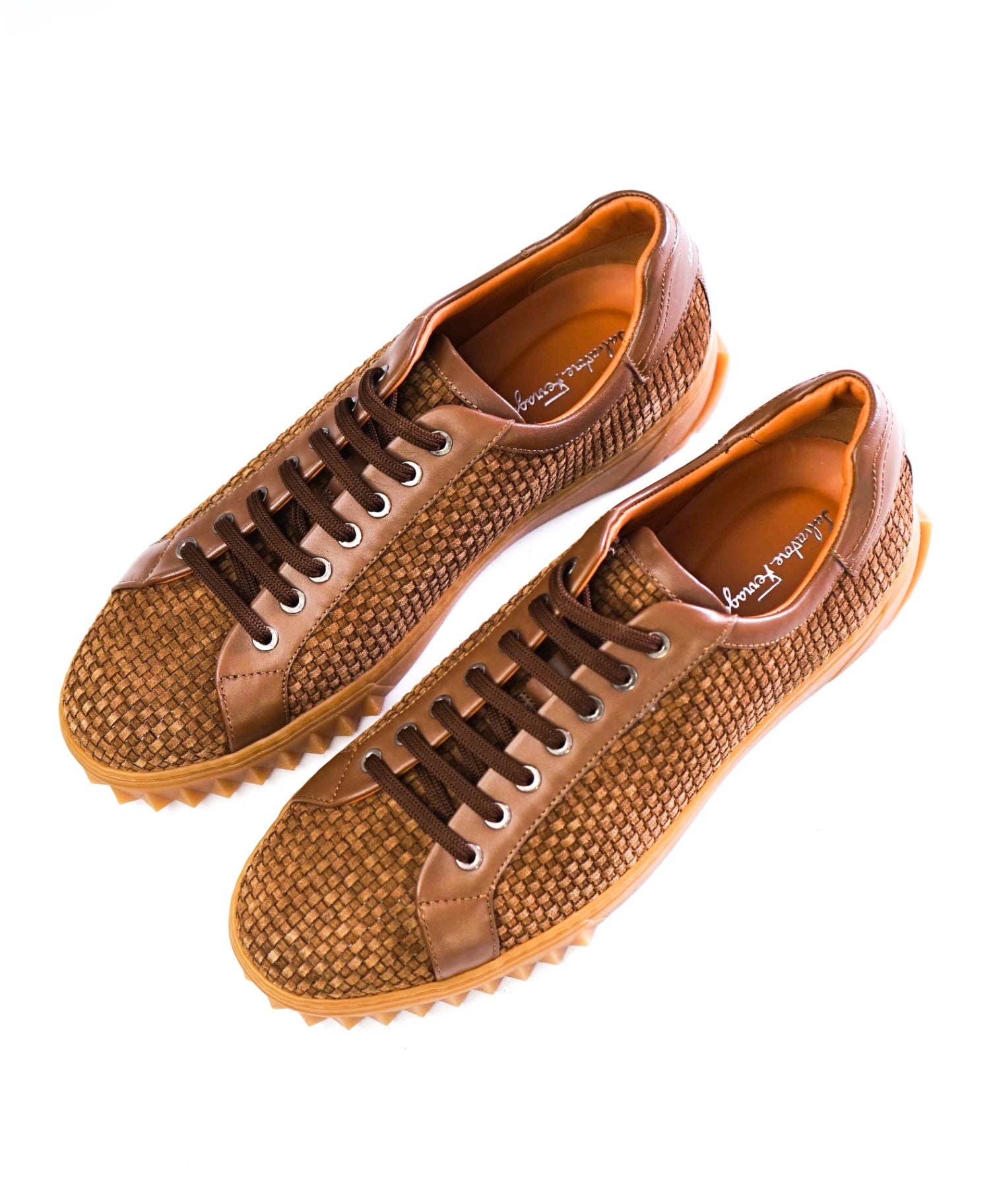 $800 Salvatore Ferragamo "CUBE 17" Brown Woven Suede Sneakers 10 M