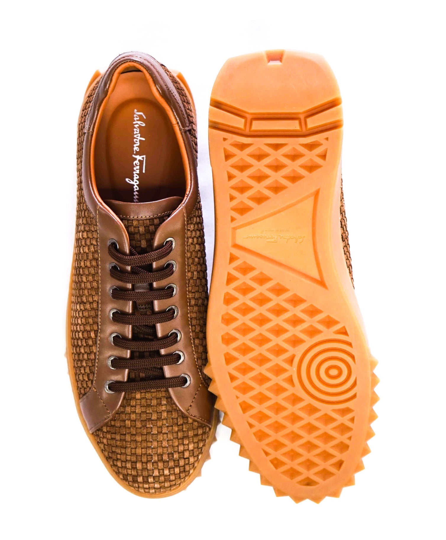 $800 Salvatore Ferragamo "CUBE 17" Brown Woven Suede Sneakers 10 M
