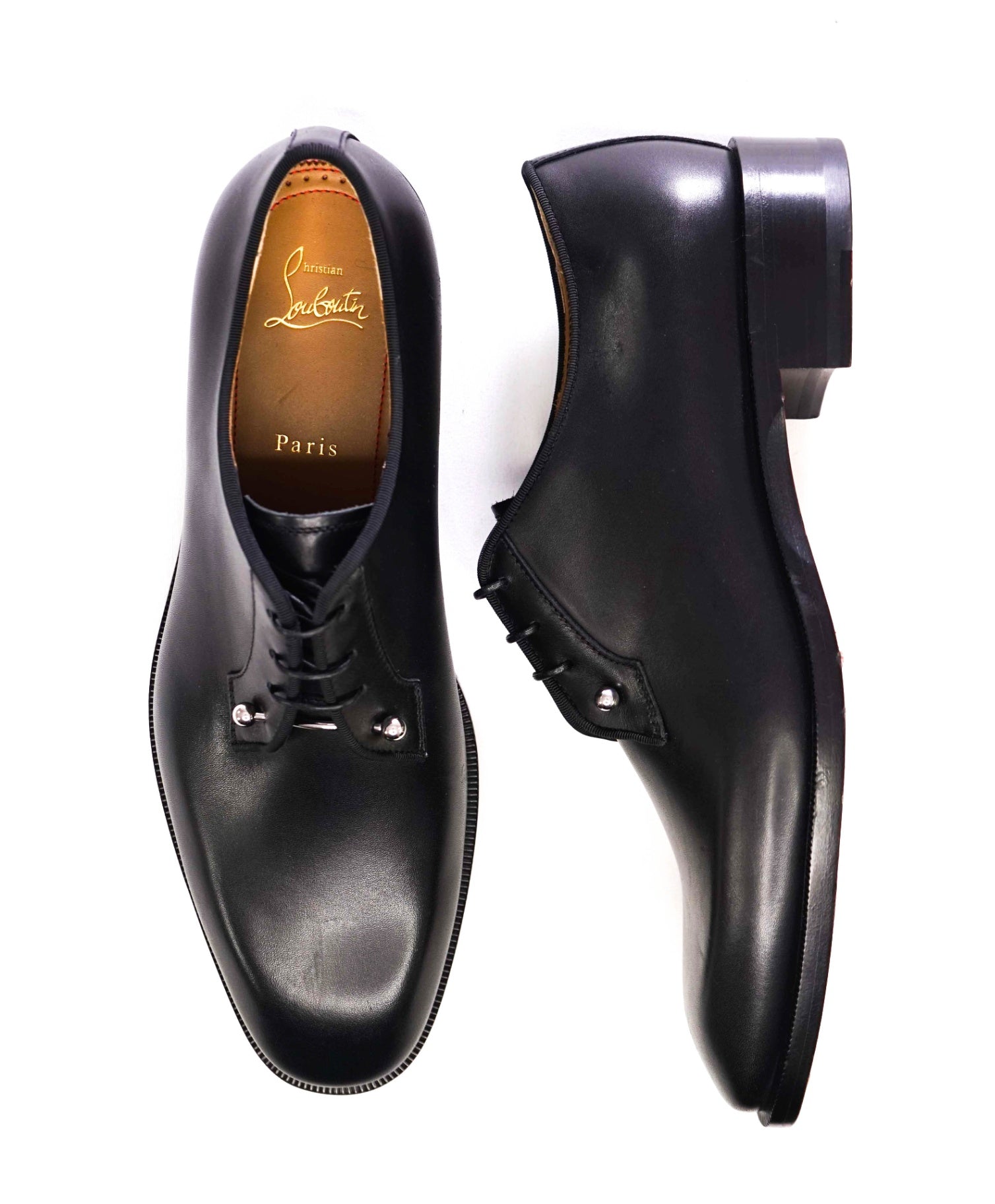 $1,250 Christain Louboutin Paris Solid Black Leather Oxfords US 10.5 UK 9.5
