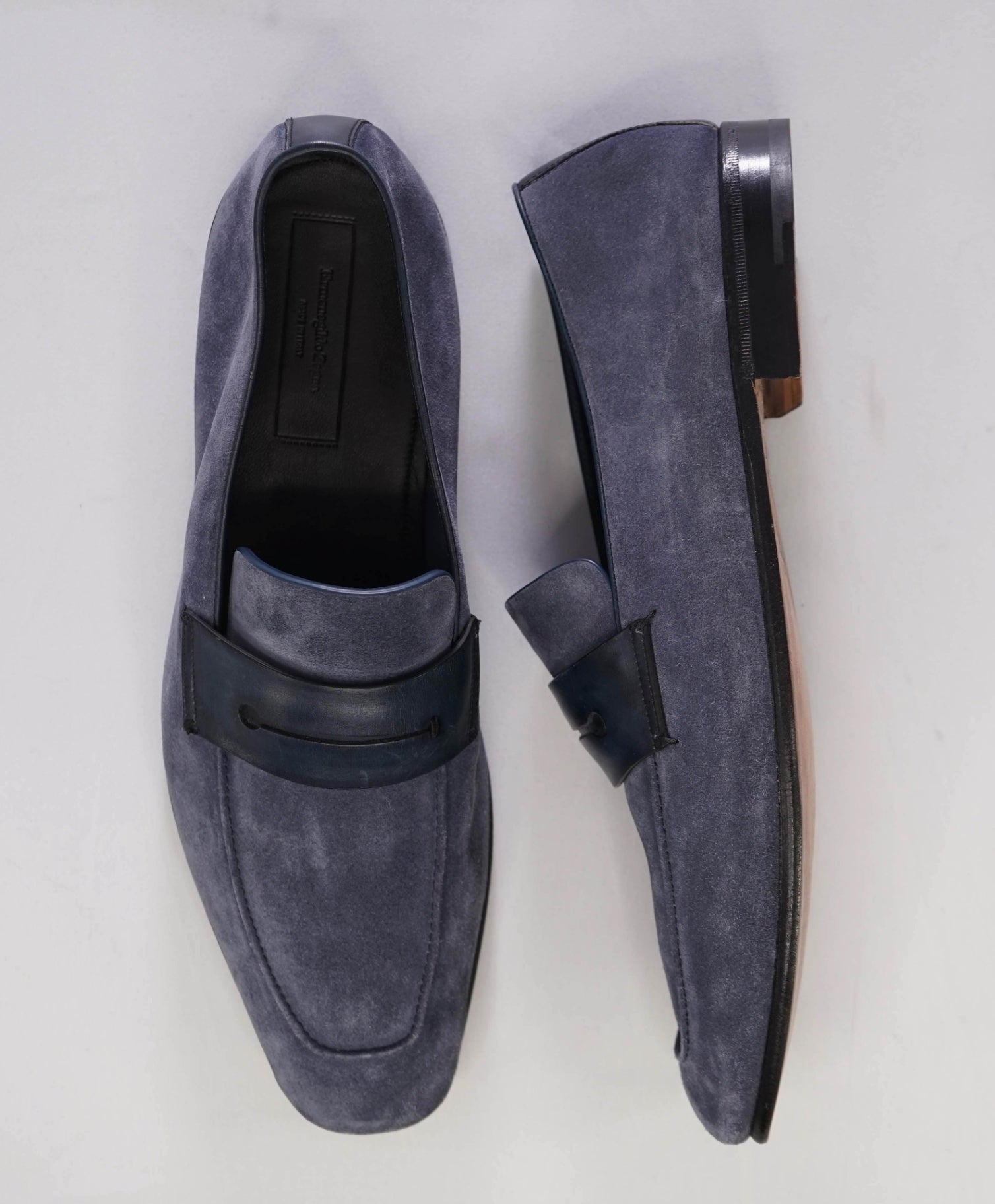 $960 ERMENEGILDO ZEGNA - Blue Suede L'Asola Penny Loafers - 12 US 11EU