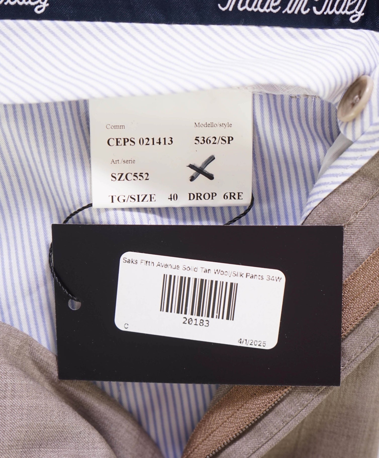 $400 Saks Fifth Avenue Made In ITALY Tan Wool/Silk Dress Pants 34W