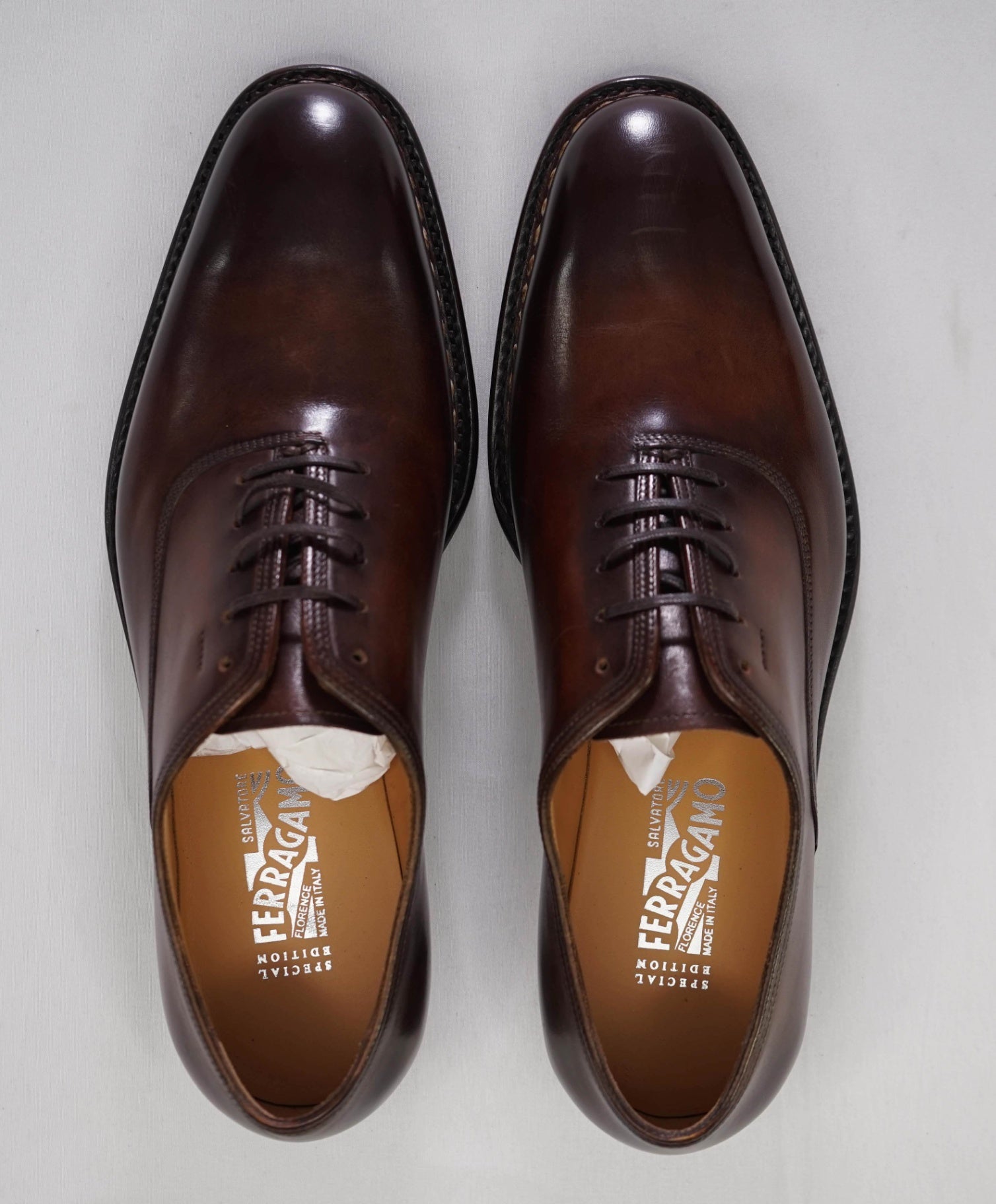 $1,495 Salvatore Ferragamo "TRAMEZZA" Special Edition Brown Oxfords 7 D
