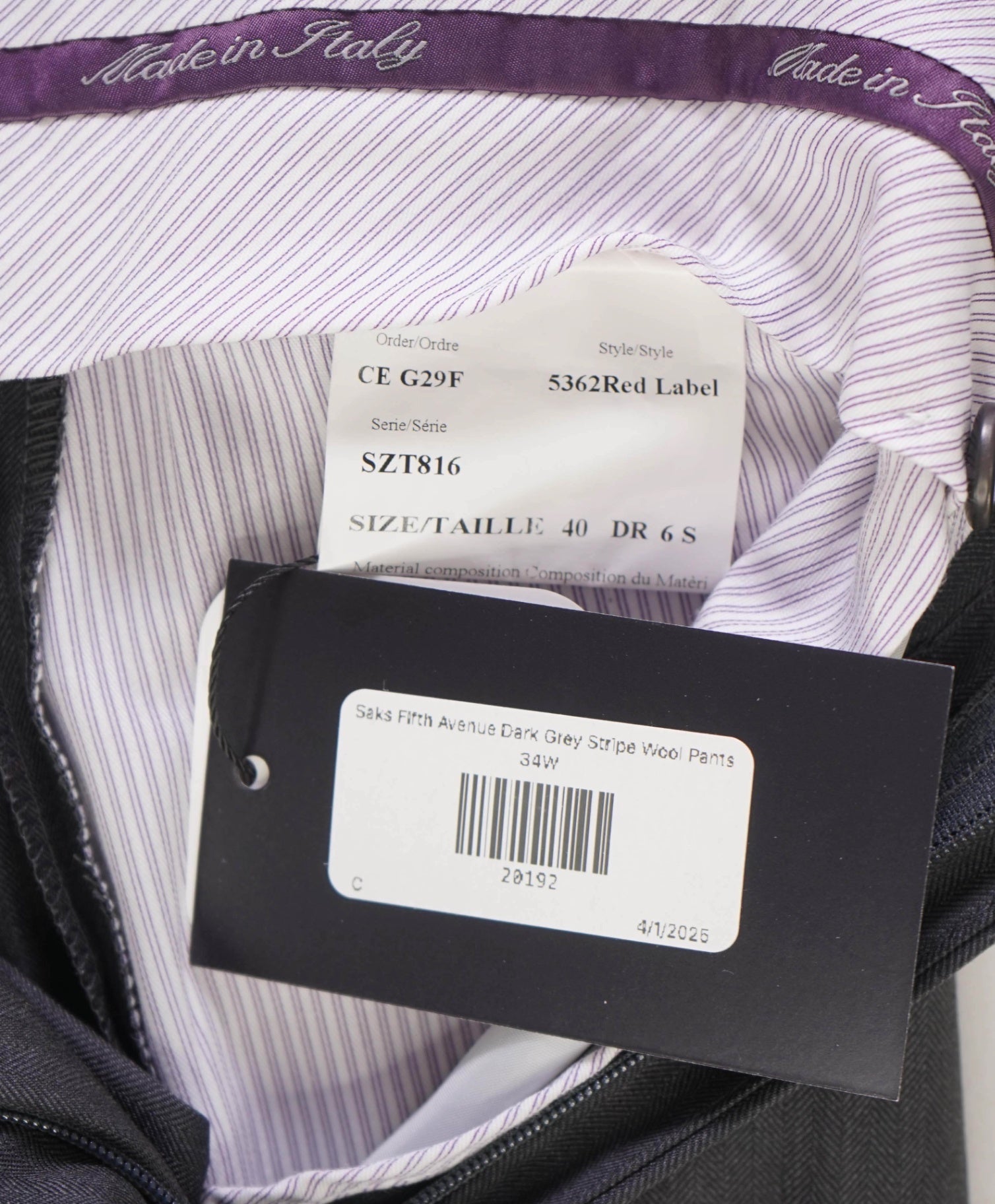 $400 Saks Fifth Avenue Dark Grey Stripe Wool Pants 34W