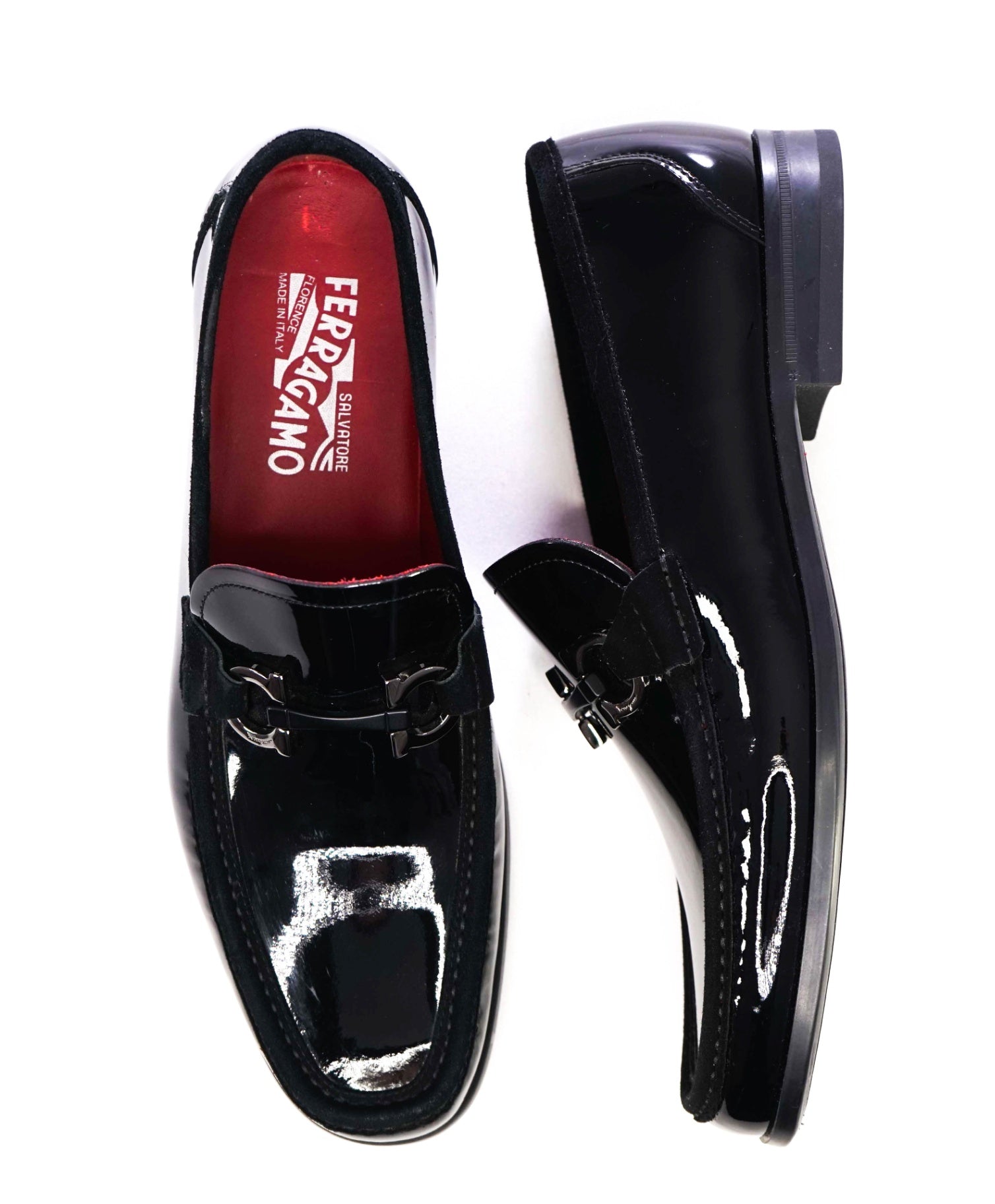 $950 Salvatore Ferragamo "Grandioso" Black Patent Leather Loafers 9.5 EE