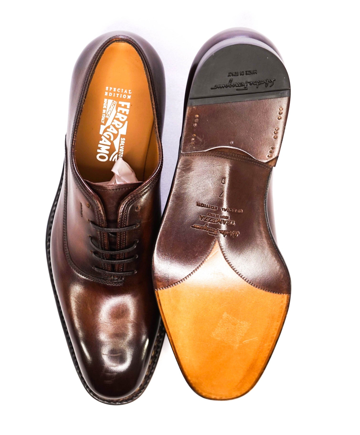 $1,495 Salvatore Ferragamo "TRAMEZZA" Special Edition Brown Oxfords 7 D