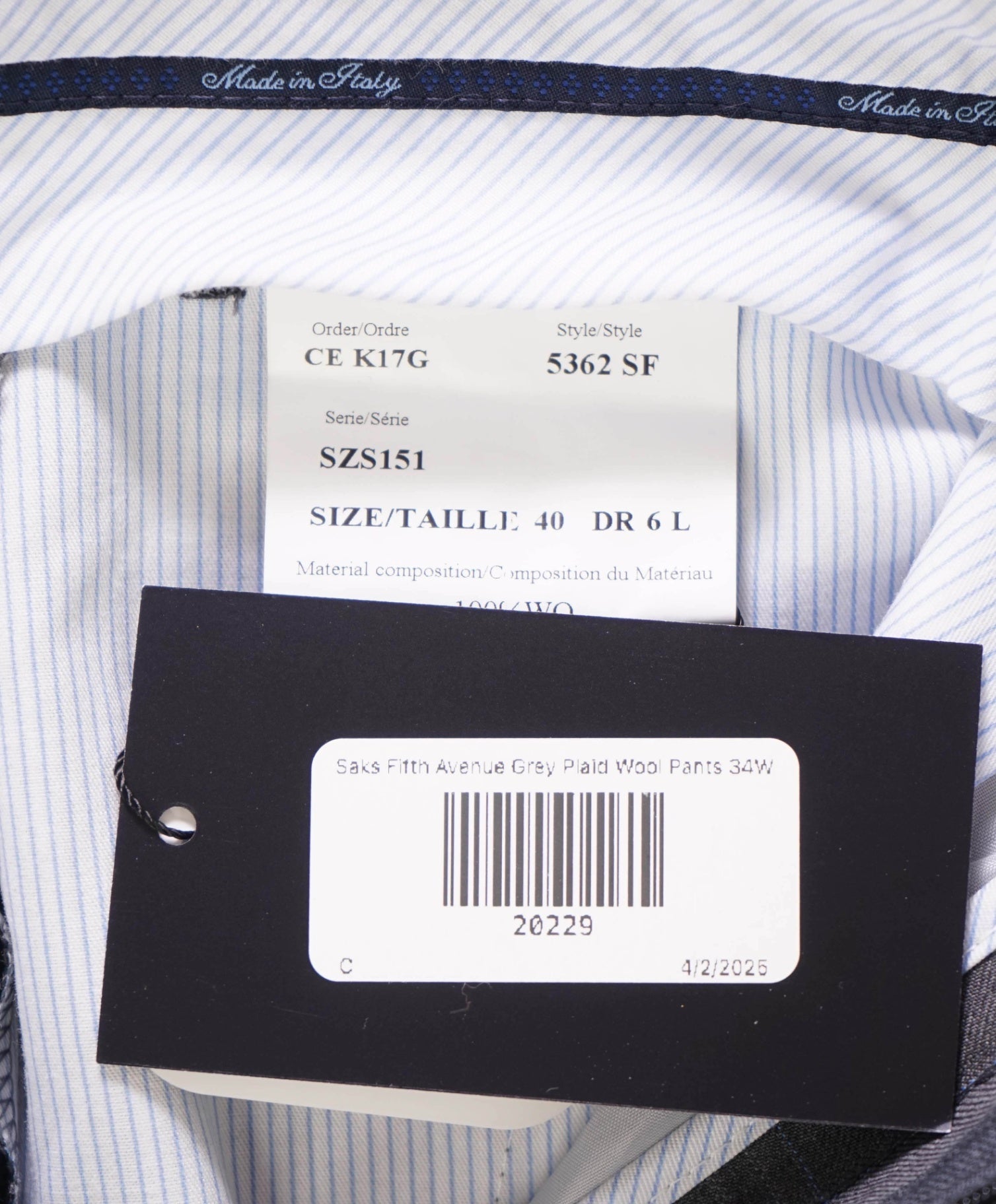 $400 Saks Fifth Avenue Grey Plaid Wool Pants 34W