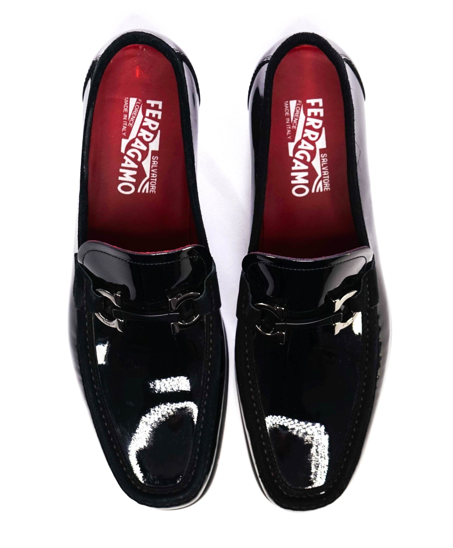 $950 Salvatore Ferragamo "Grandioso" Black Patent Leather Loafers 9.5 EE