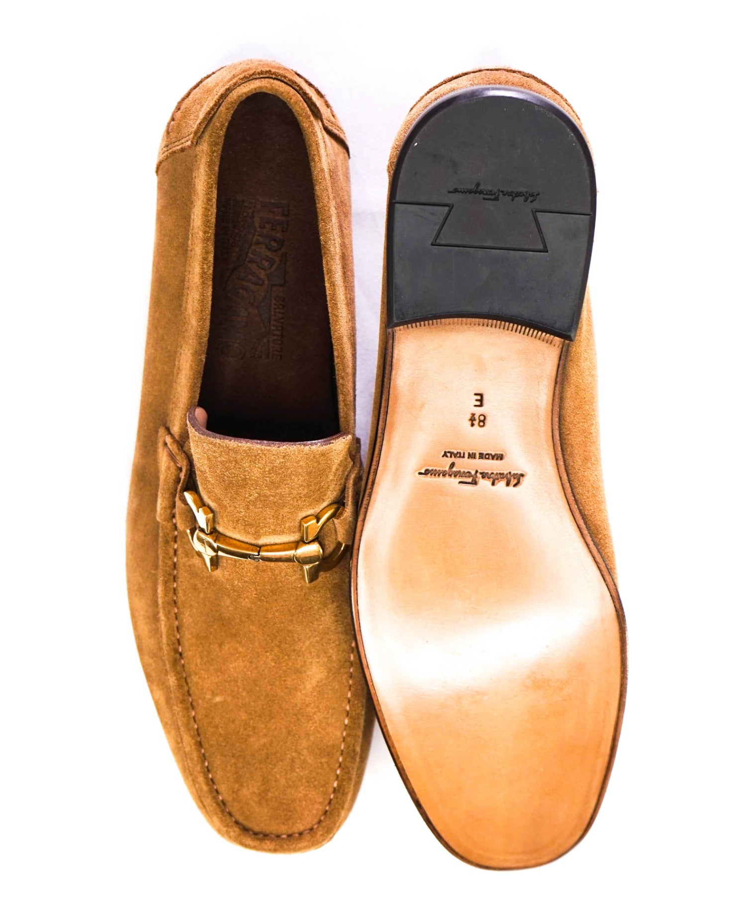 $850 Salvatore Ferragamo "Fiordi" Brown Sugar Loafers Suede 8.5 E