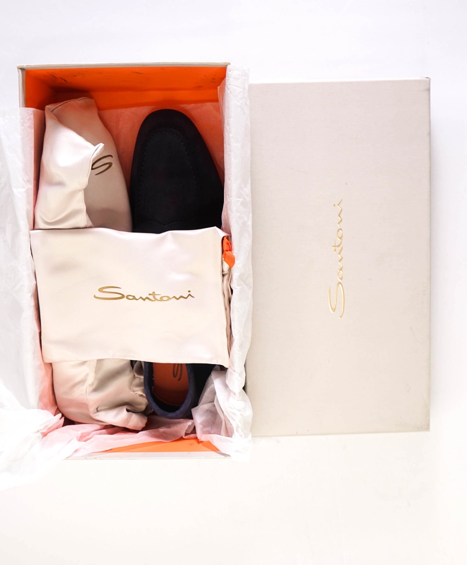 $995 Santoni Navy Blue Penny Loafers Suede ORANGE SOLE US 11 (UK10)