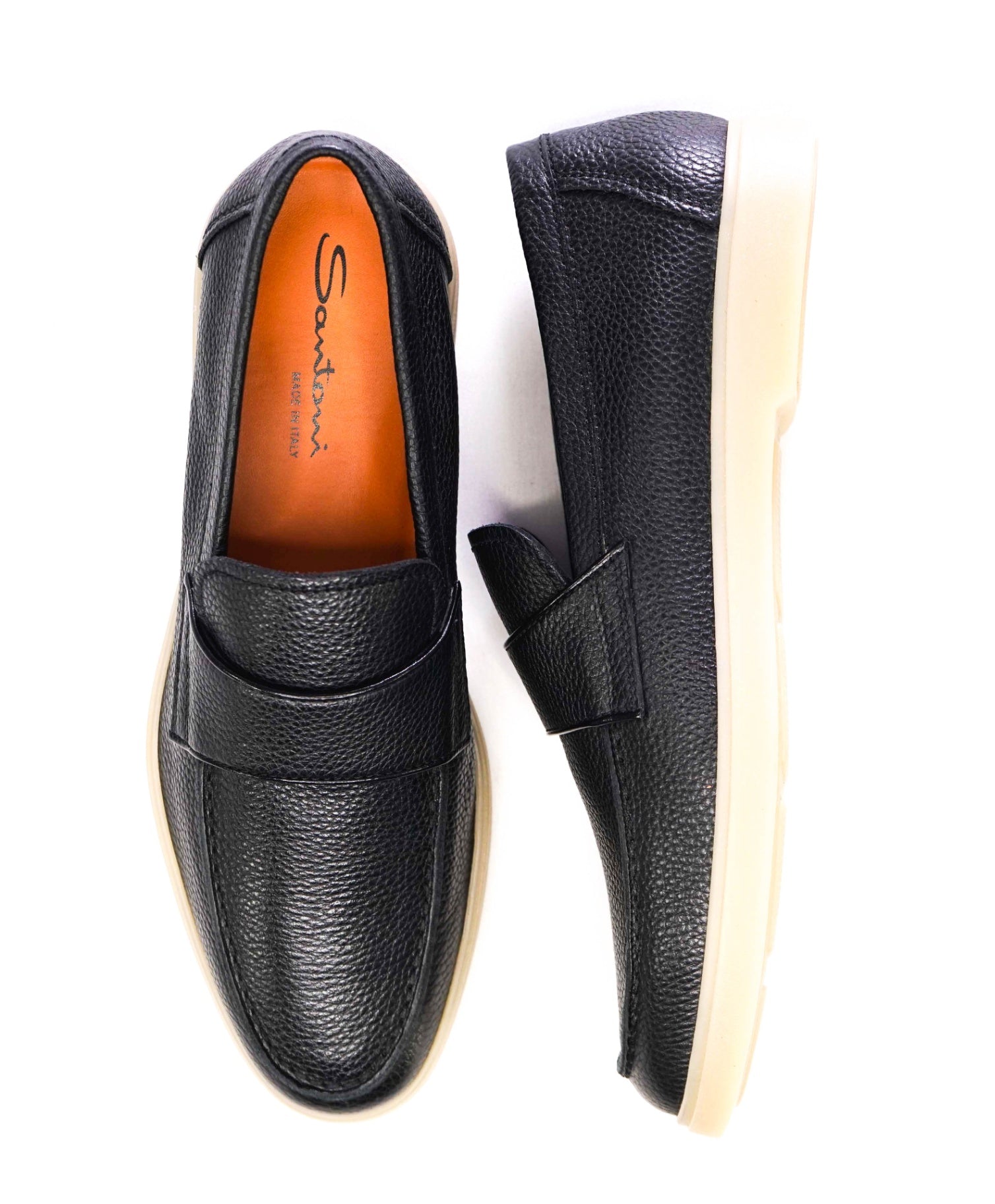 $950 Santoni Black Pebbled Leather Loafers "SUMMER WALK" US 9 (8UK)