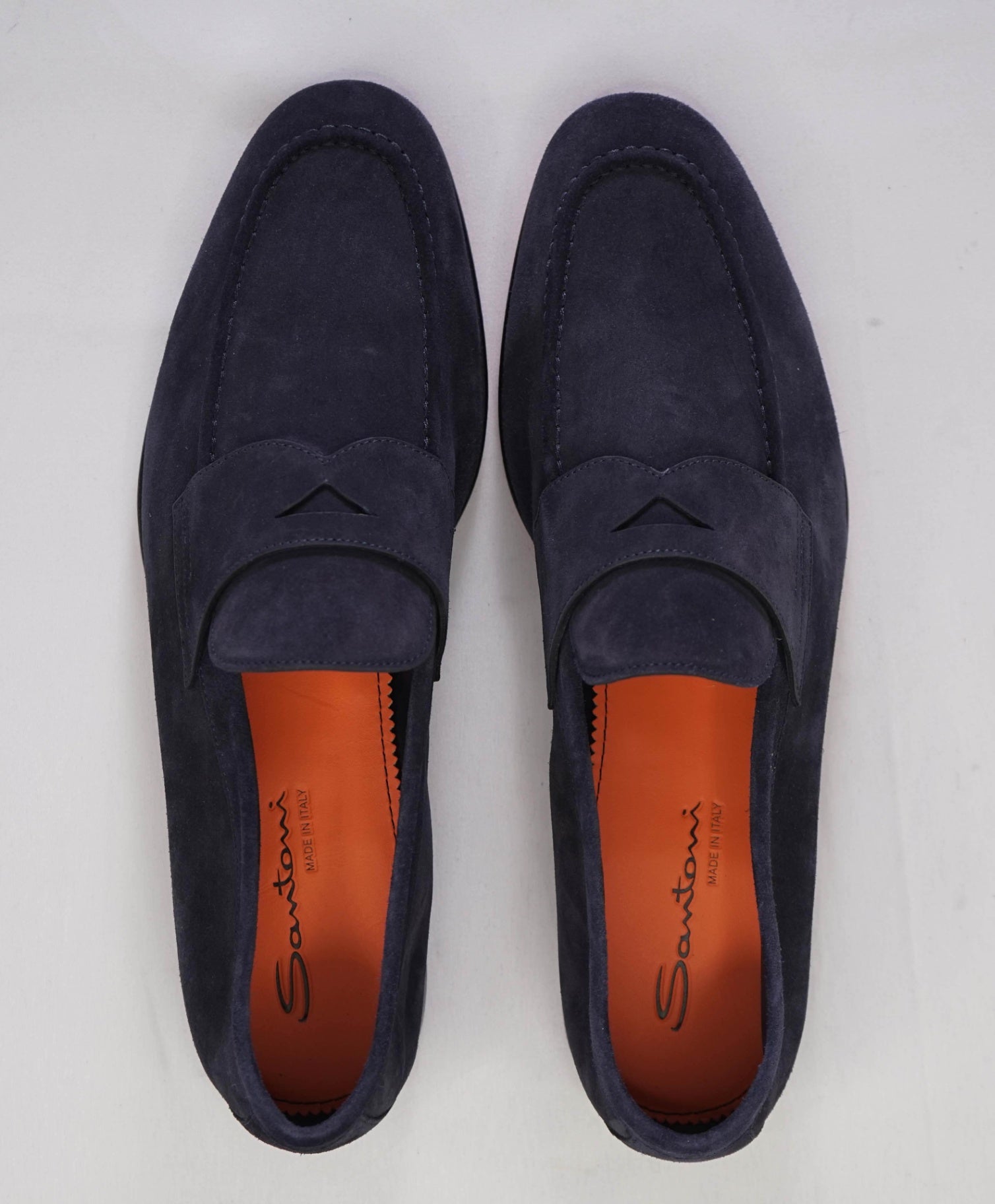 $995 Santoni Navy Blue Penny Loafers Suede ORANGE SOLE US 11 (UK10)