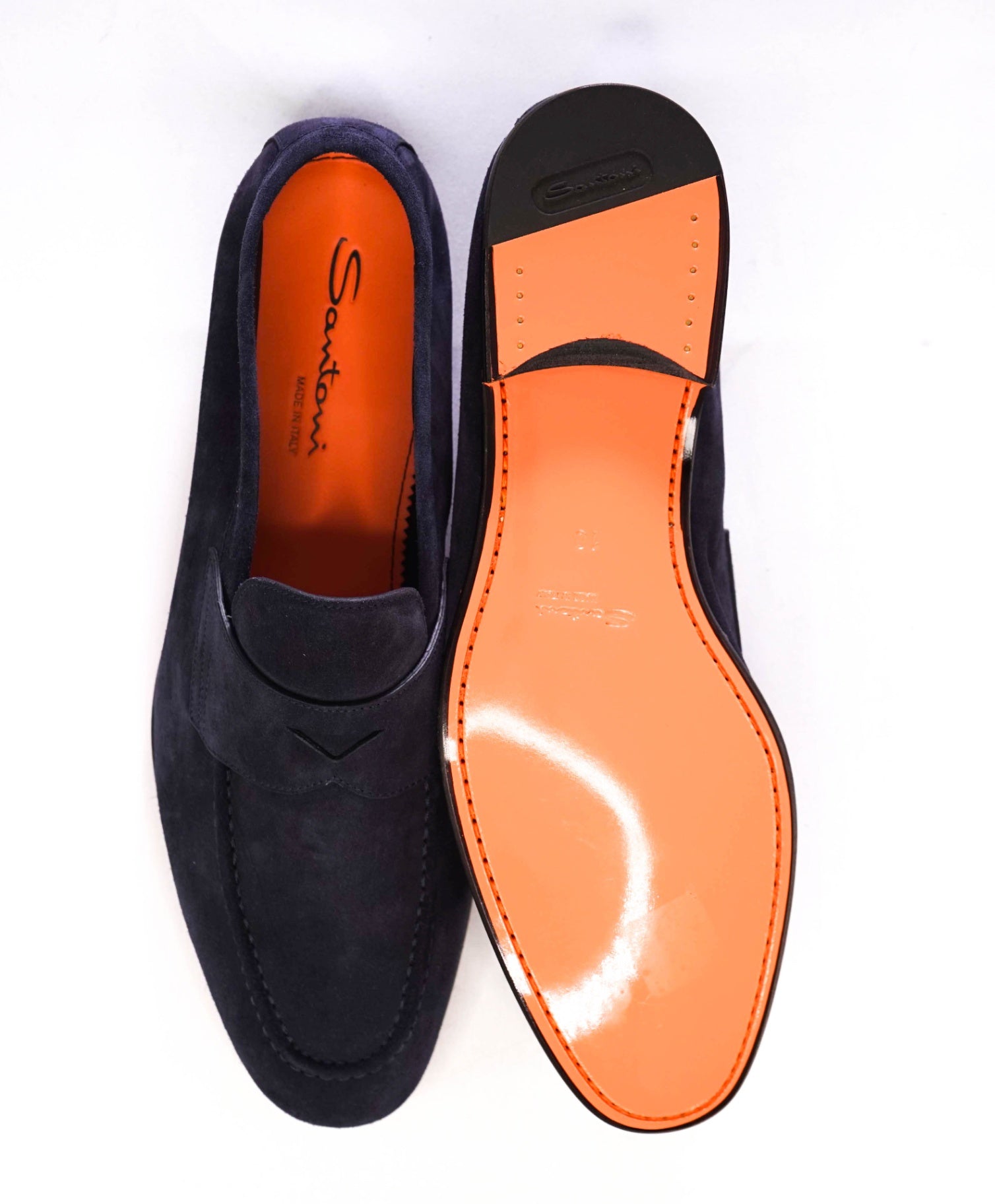 $995 Santoni Navy Blue Penny Loafers Suede ORANGE SOLE US 11 (UK10)