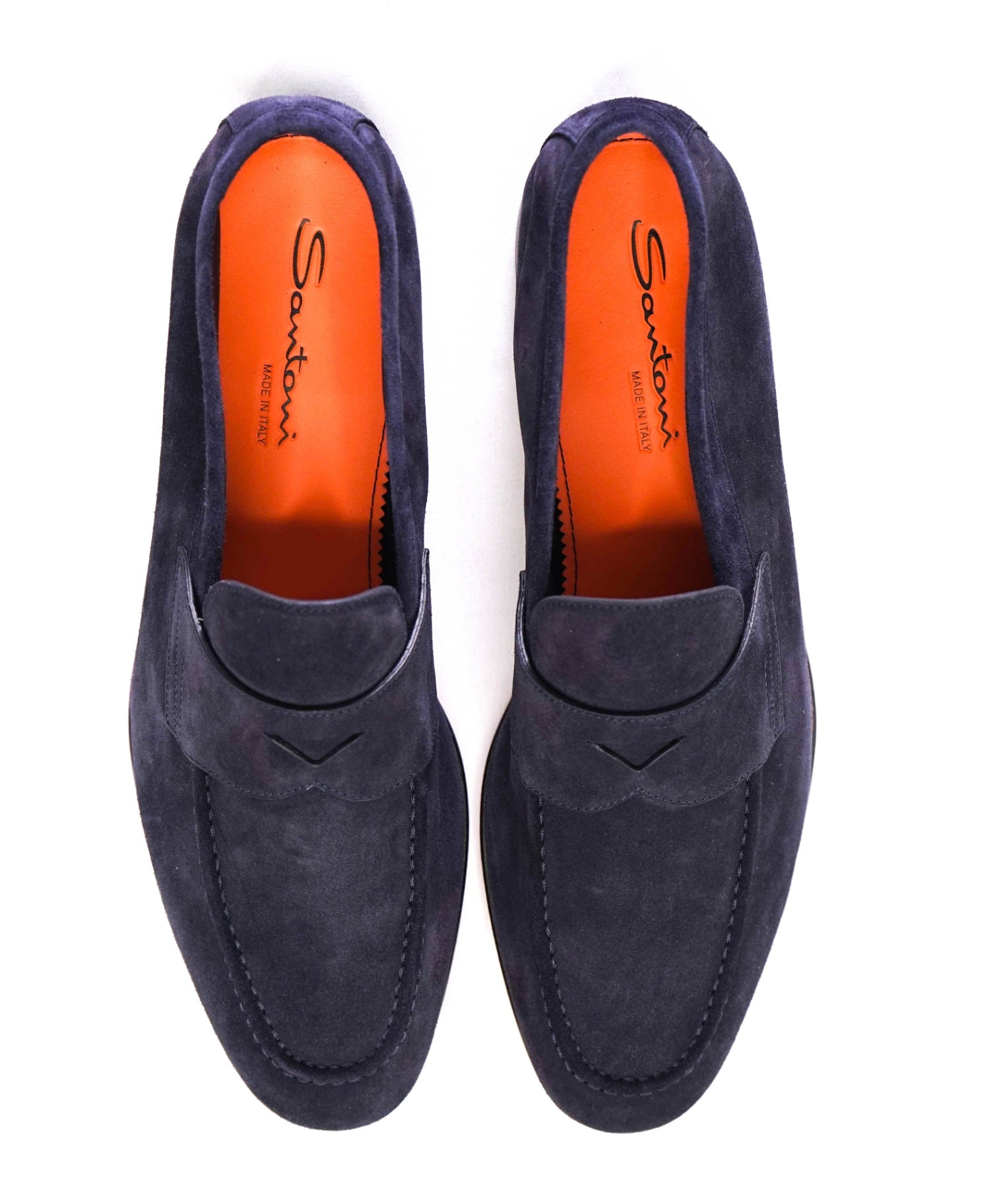 $995 Santoni Navy Blue Penny Loafers Suede ORANGE SOLE US 11 (UK10)