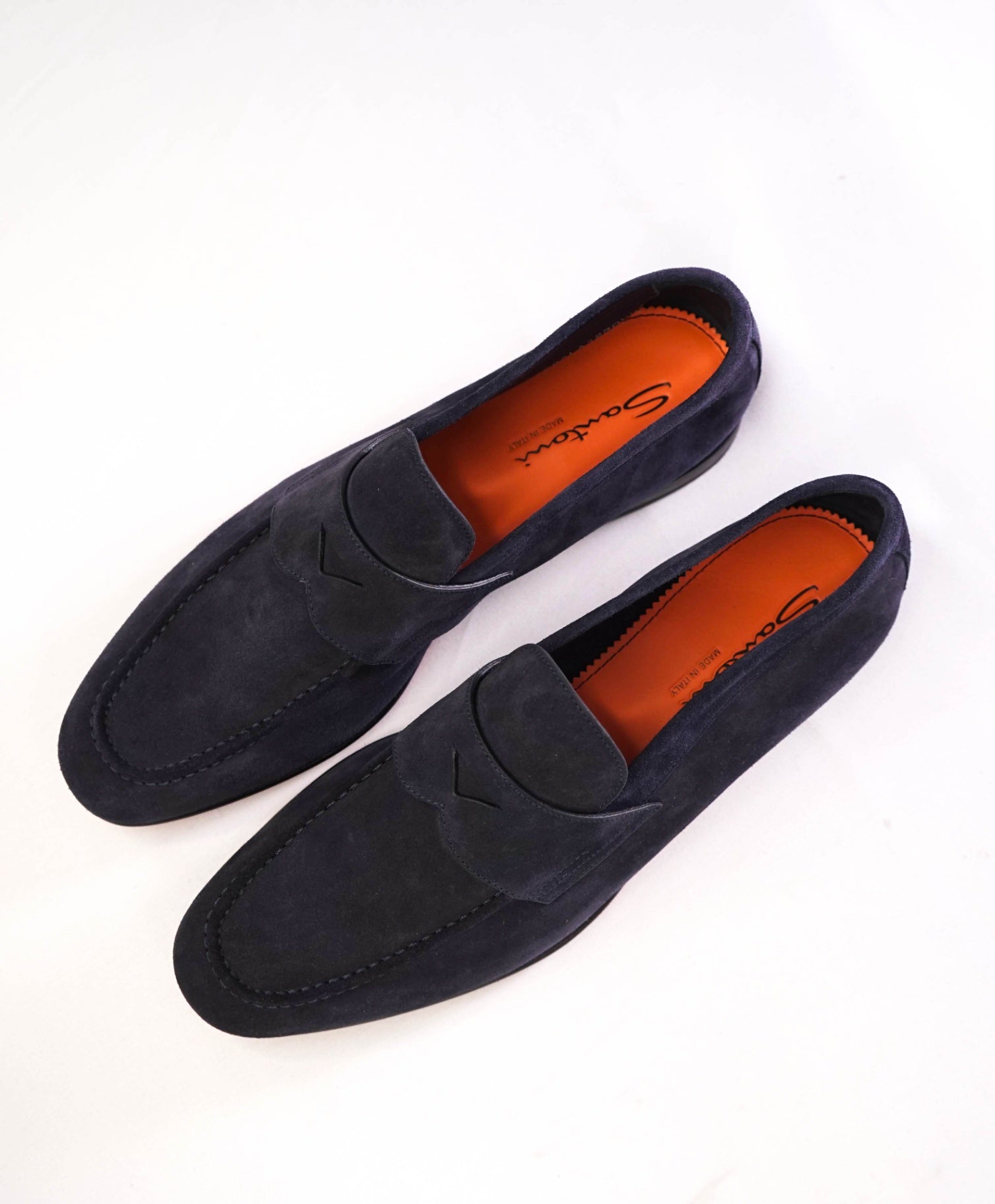 $995 Santoni Navy Blue Penny Loafers Suede ORANGE SOLE US 11 (UK10)