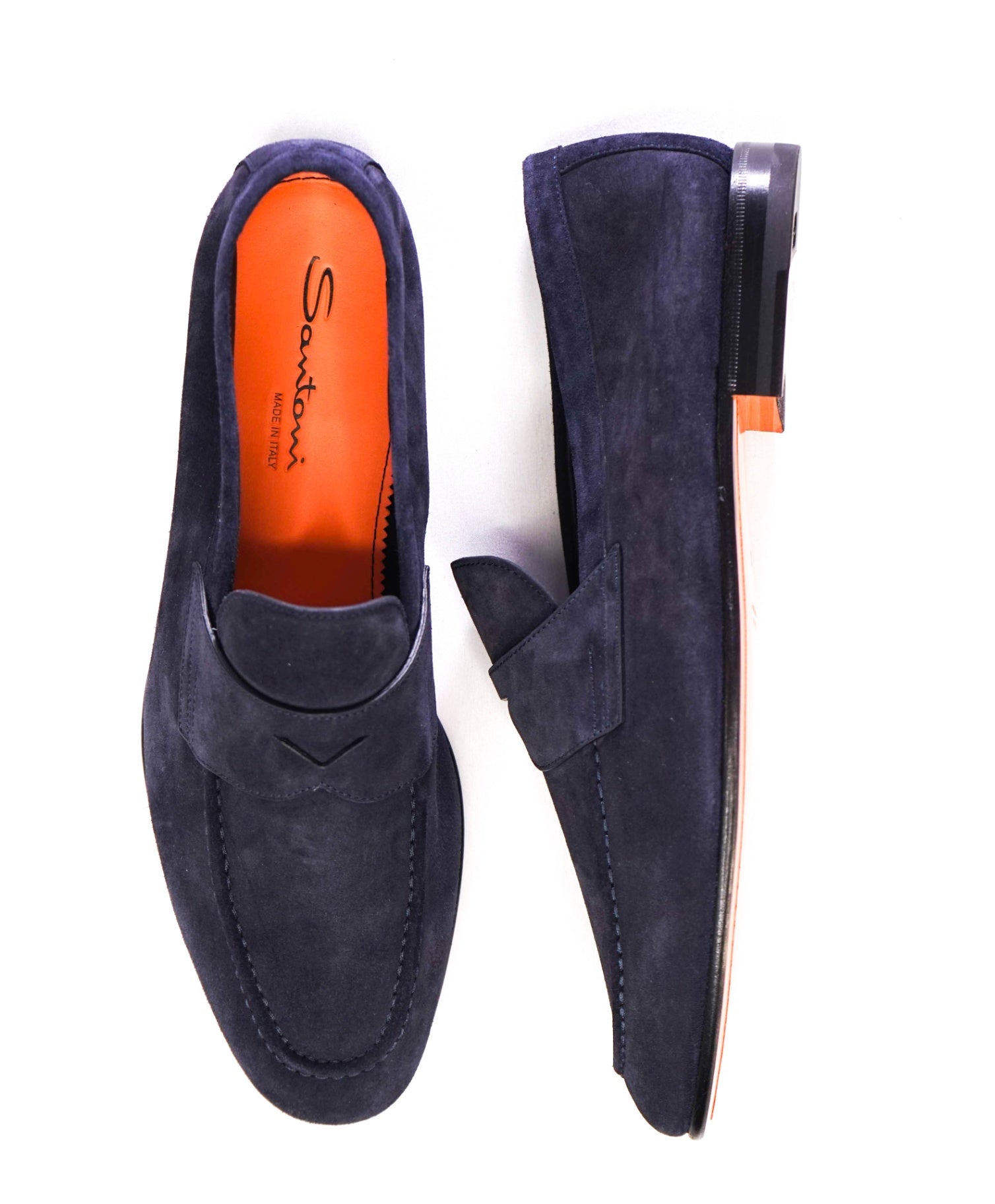 $995 Santoni Navy Blue Penny Loafers Suede ORANGE SOLE US 11 (UK10)