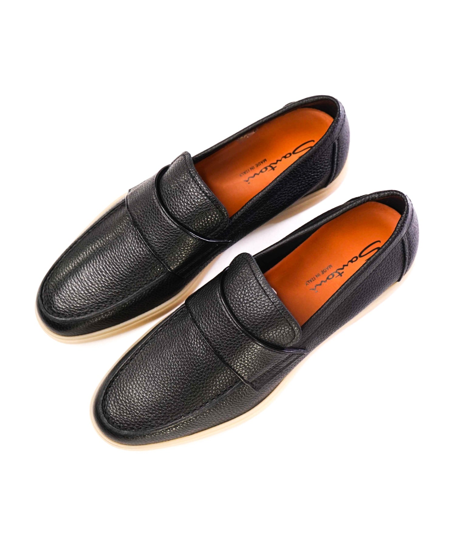 $950 Santoni Black Pebbled Leather Loafers "SUMMER WALK" US 9 (8UK)