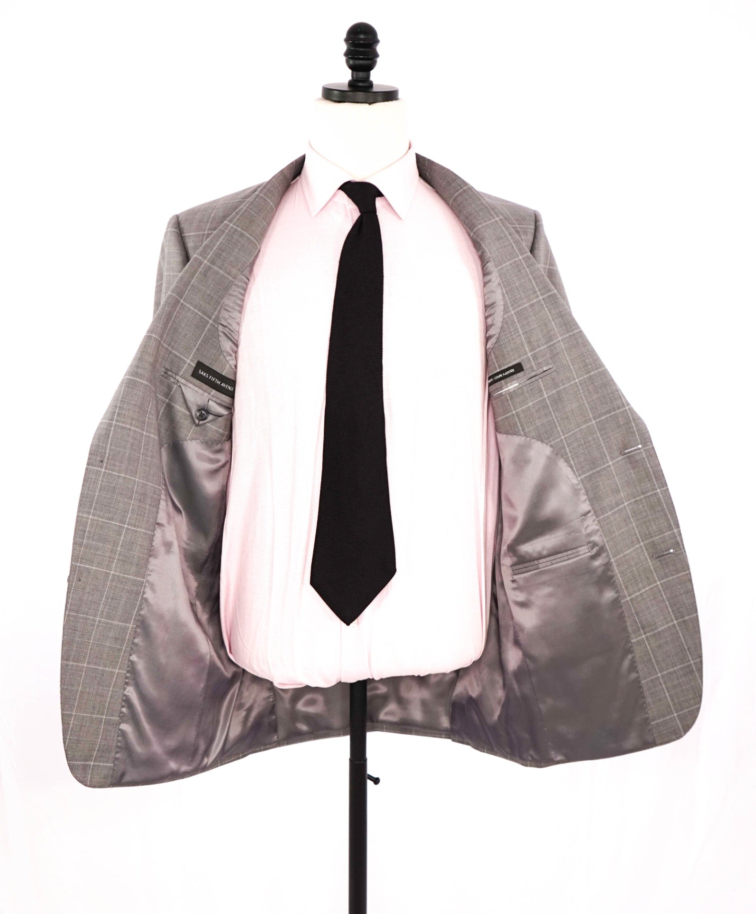 $995 Saks Fifth Avenue Light Grey Windowpane Slim fit Wool Suit 40L