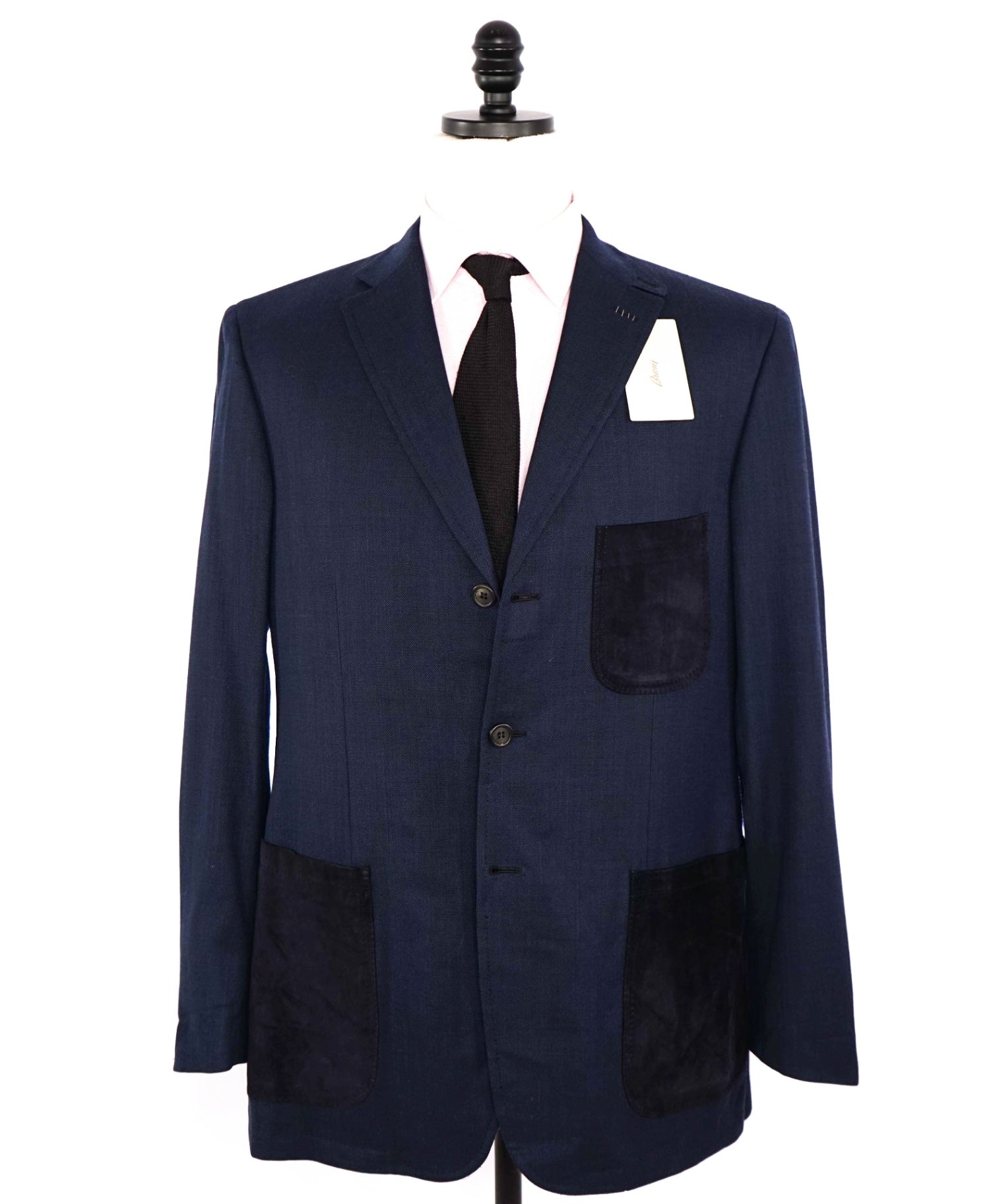 $3,995 Brioni Solid Navy Blue Wool/Suede Patch Pocket Blazer 42L
