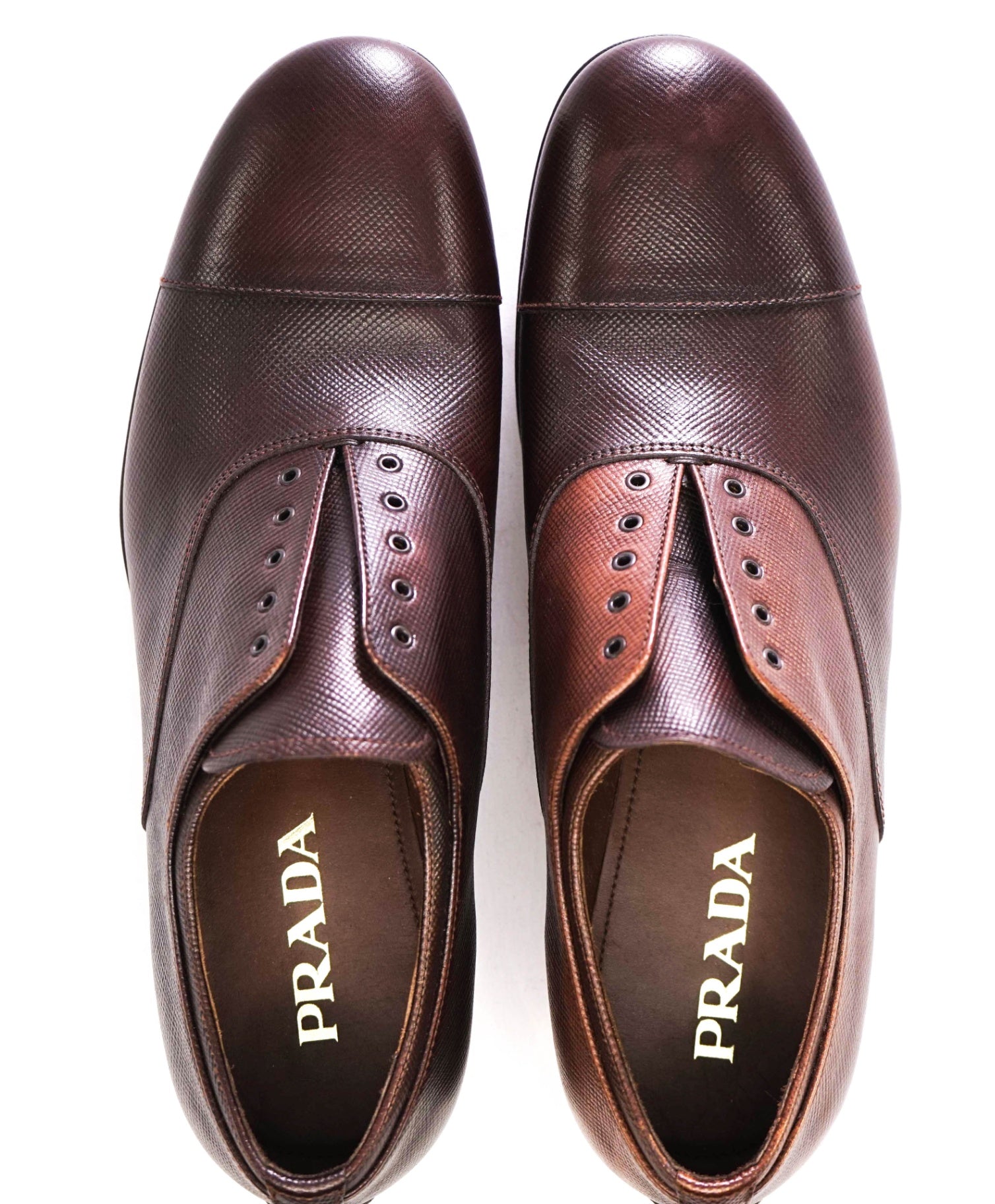 $1,100 Prada Brown Grained Hand Patina Leather Oxfords US 10 (9UK)