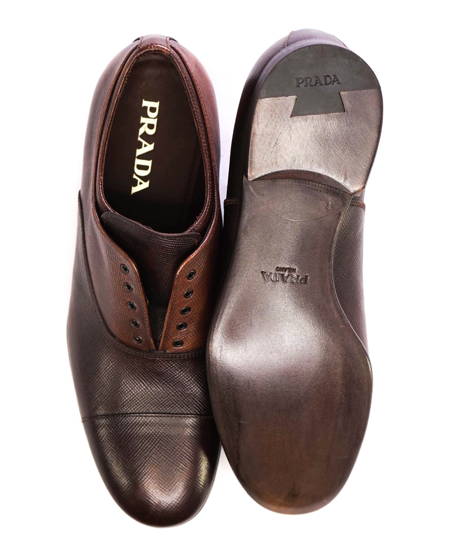 $1,100 Prada Brown Grained Hand Patina Leather Oxfords US 10 (9UK)