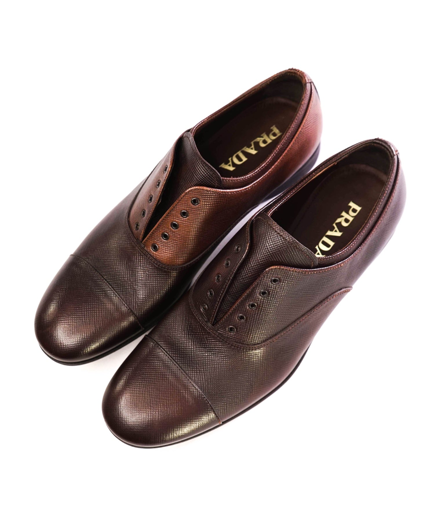 $1,100 Prada Brown Grained Hand Patina Leather Oxfords US 10 (9UK)