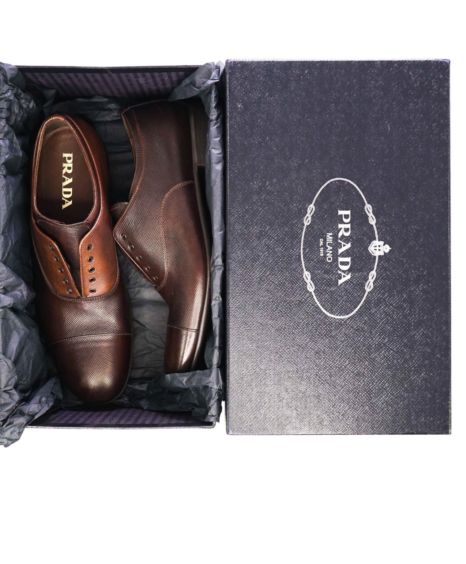 $1,100 Prada Brown Grained Hand Patina Leather Oxfords US 10 (9UK)