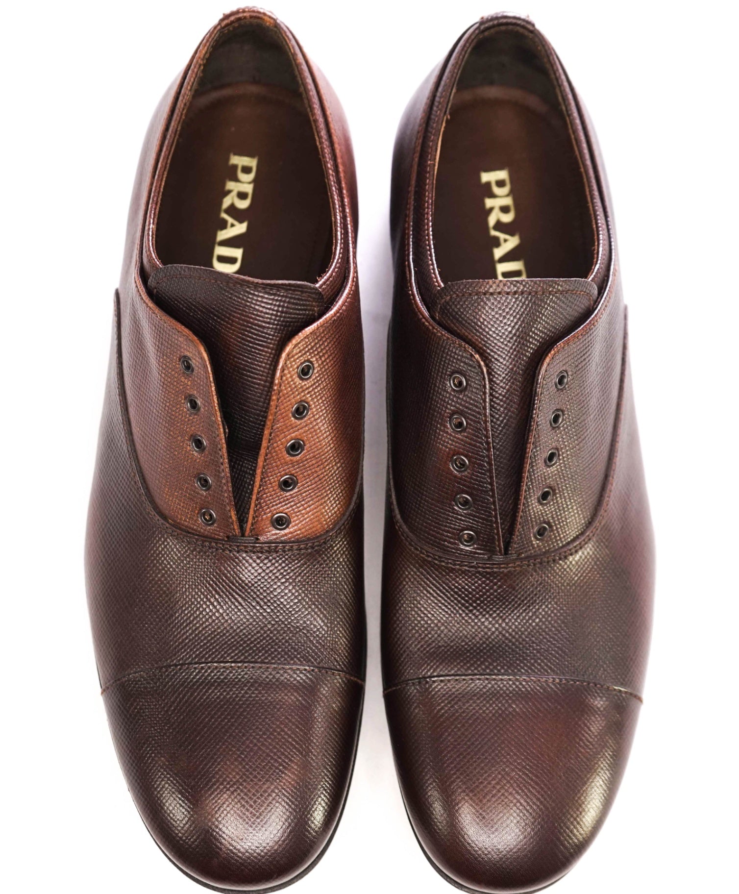 $1,100 Prada Brown Grained Hand Patina Leather Oxfords US 10 (9UK)