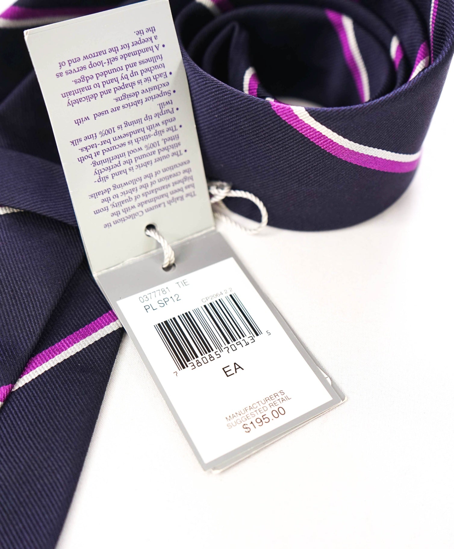 $195 Ralph Lauren Purple Label Navy/Purple/White Stripe Silk Tie
