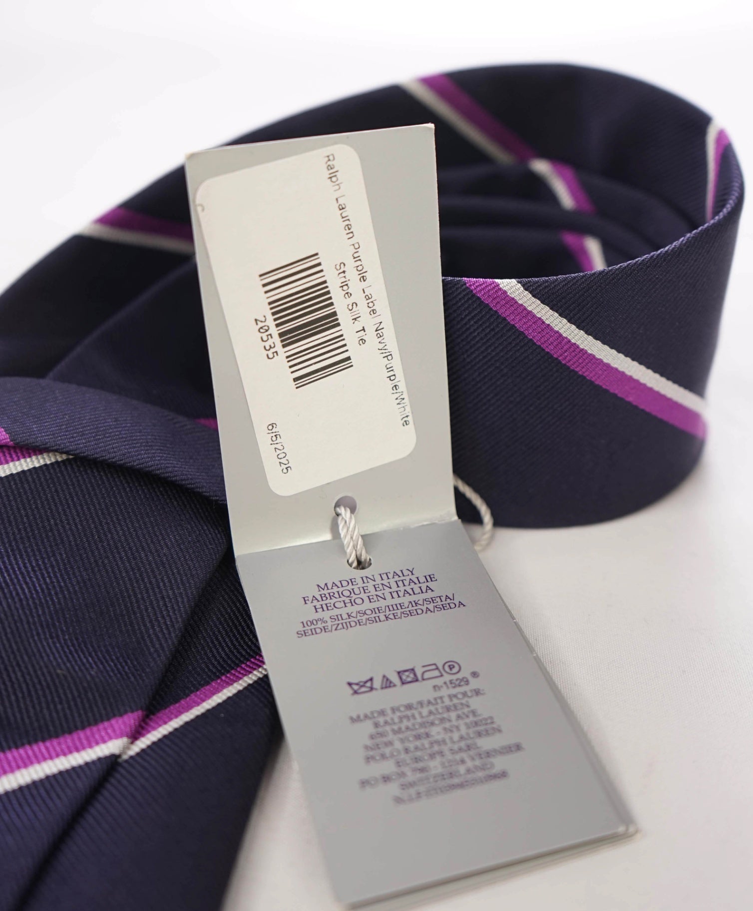 $195 Ralph Lauren Purple Label Navy/Purple/White Stripe Silk Tie