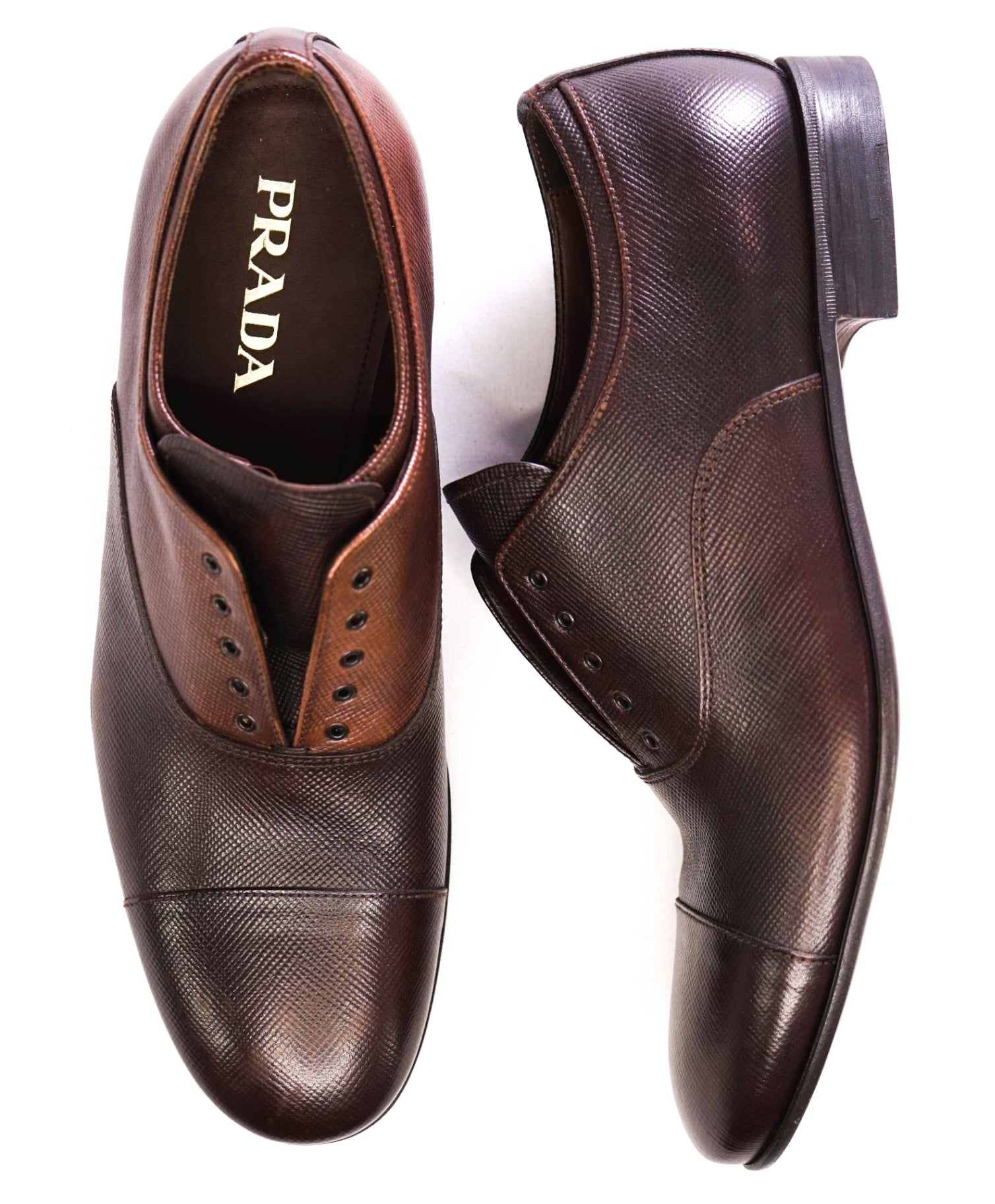 $1,100 Prada Brown Grained Hand Patina Leather Oxfords US 10 (9UK)