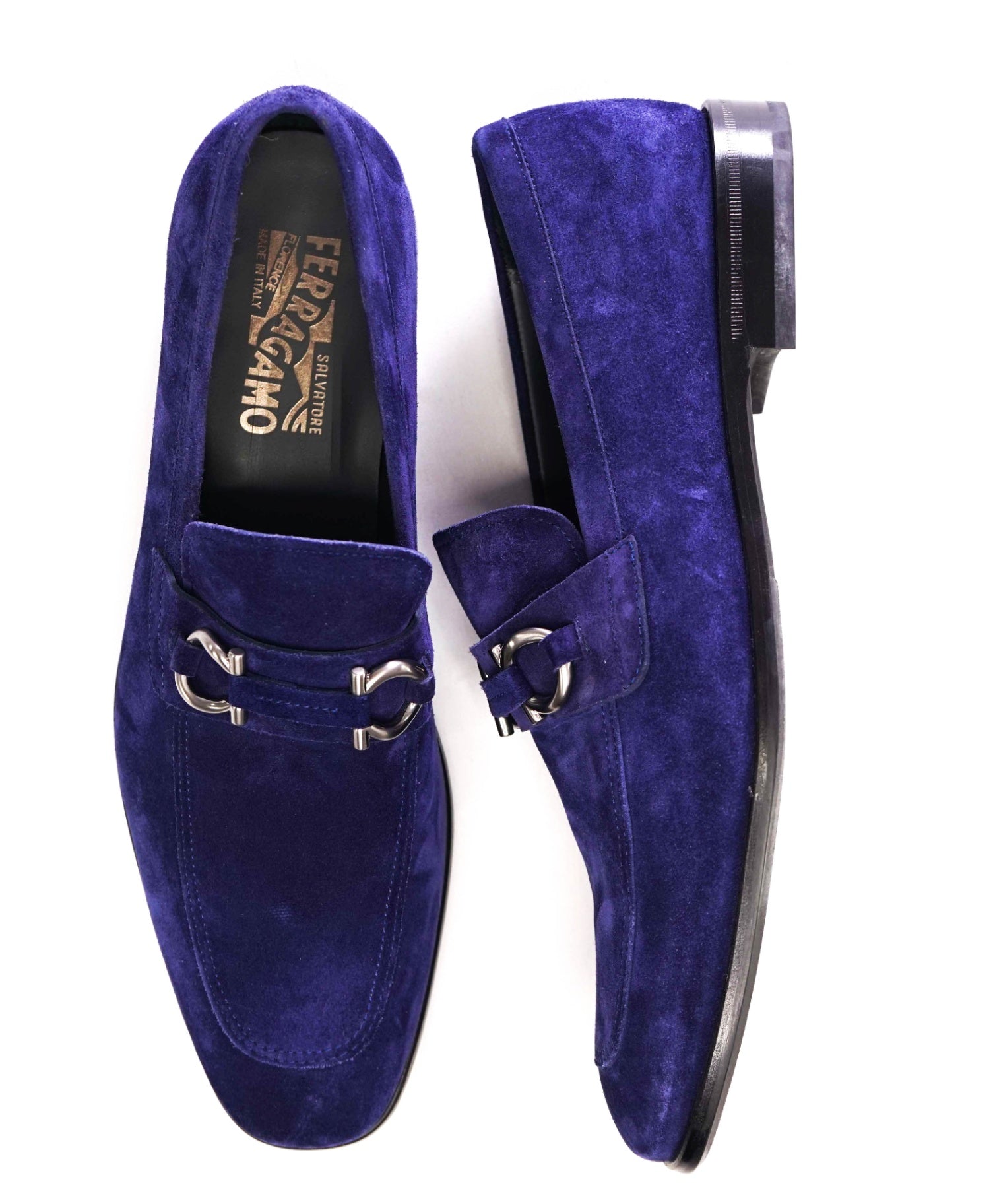 $850 Salvatore Ferragamo "FELICE" Blue Suede Loafers 9.5D