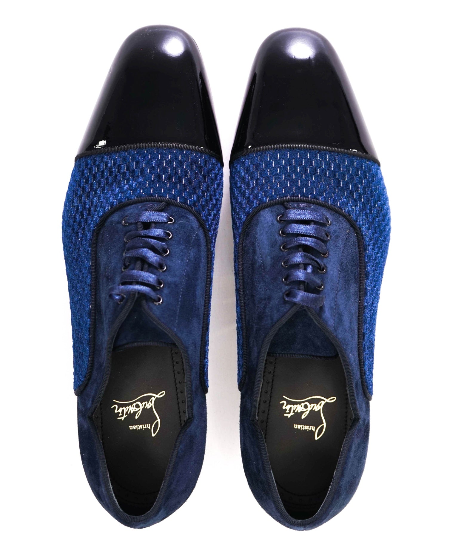 $1,200 Christian Louboutin Blue Leather/Suede/Velvet Oxfords US 8.5 (EU41.5)