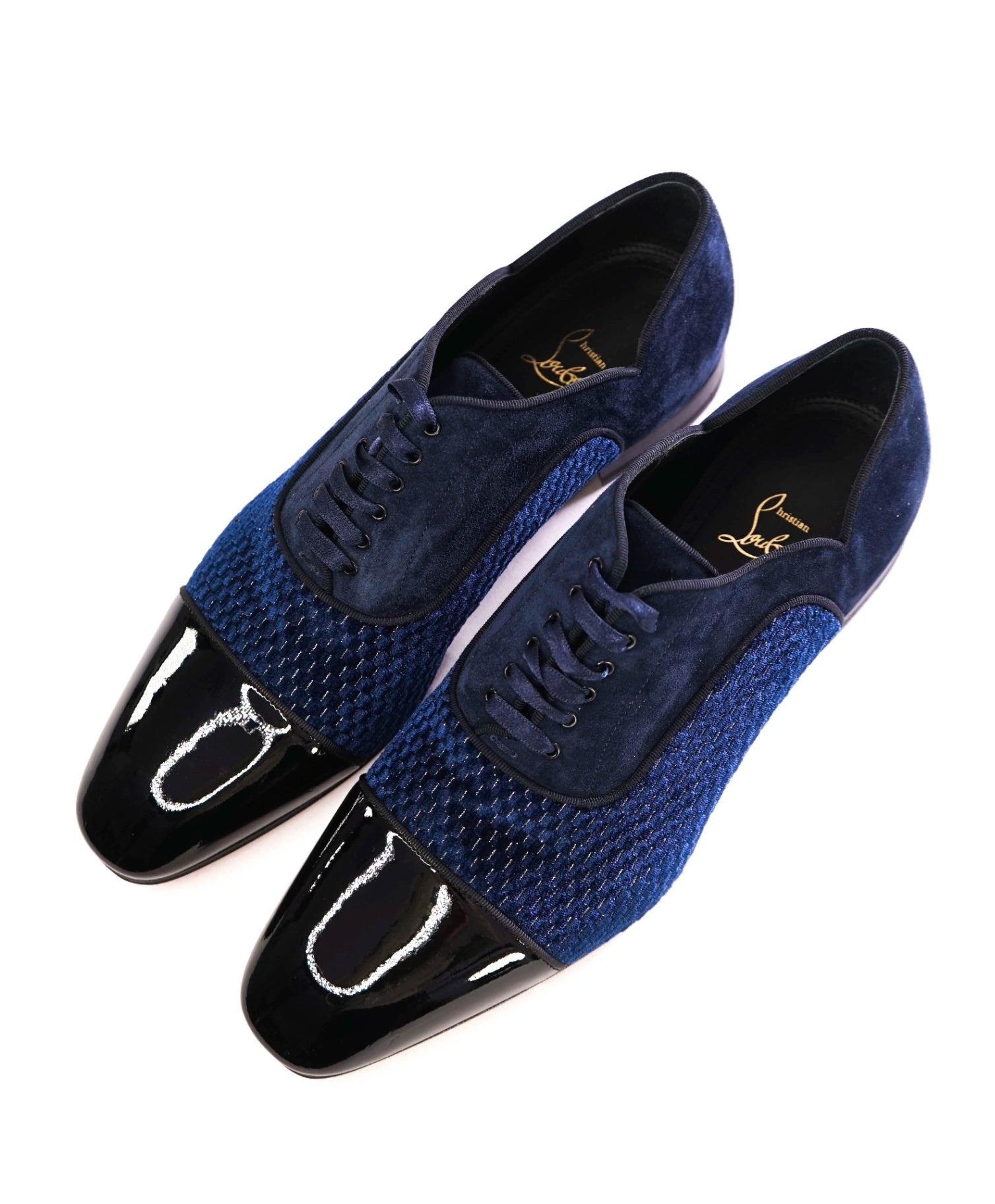 $1,200 Christian Louboutin Blue Leather/Suede/Velvet Oxfords US 8.5 (EU41.5)