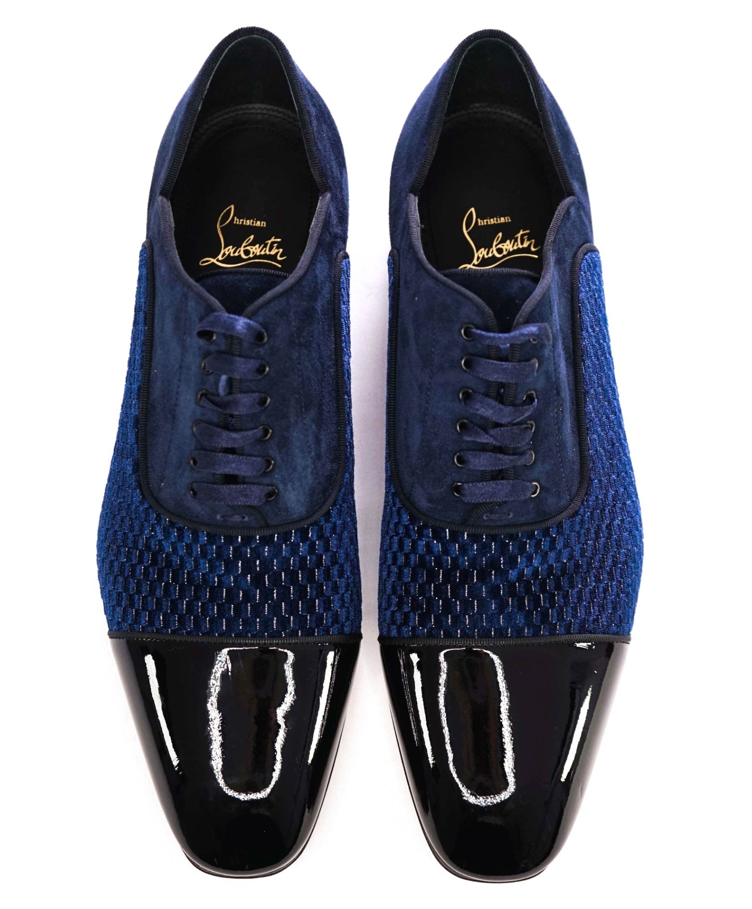 $1,200 Christian Louboutin Blue Leather/Suede/Velvet Oxfords US 8.5 (EU41.5)