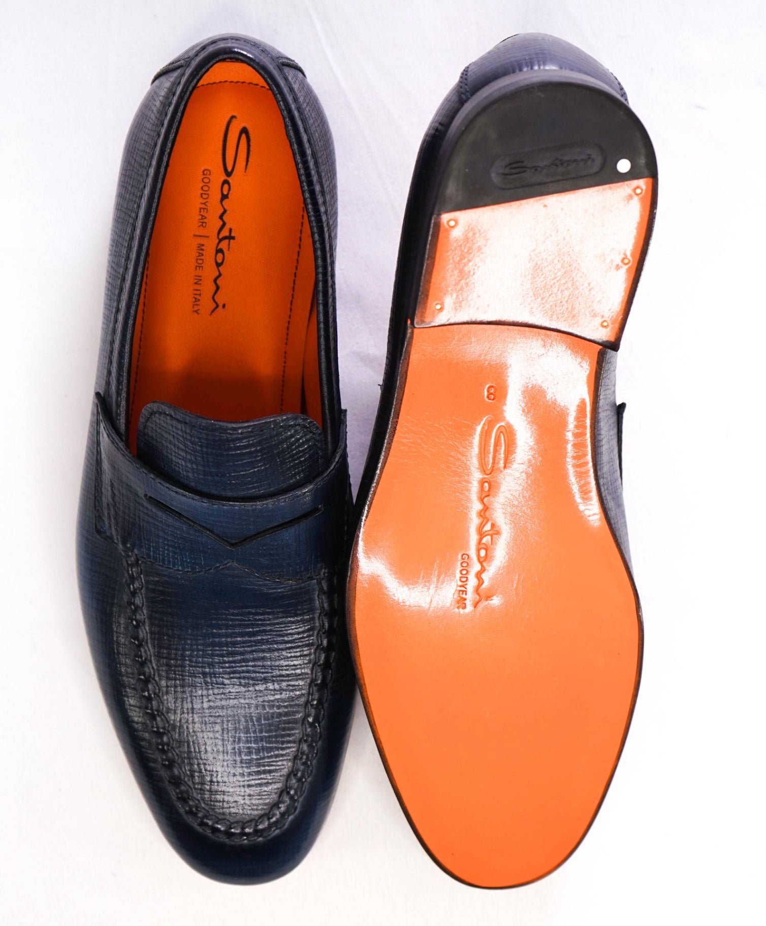 $1,195 Santoni Navy Loafers Leather GOODYEAR US 9 (8UK)